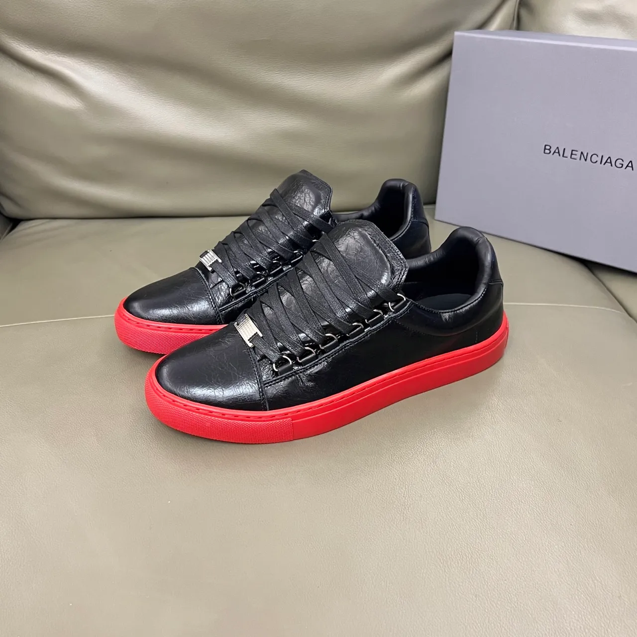 Balenciaga Black Red Crinkled Leather Vibrant Cupsole Lifestyle Sneakers
