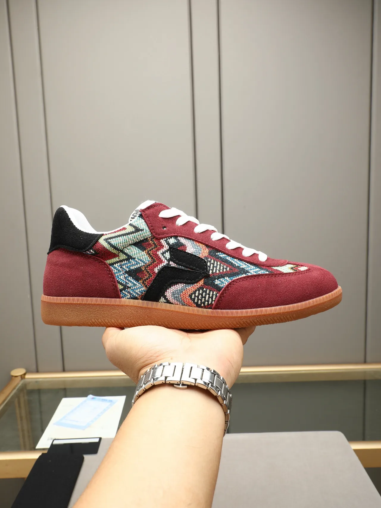 Burgundy and Multicolor Woven Panel Suede Lifestyle Sneaker