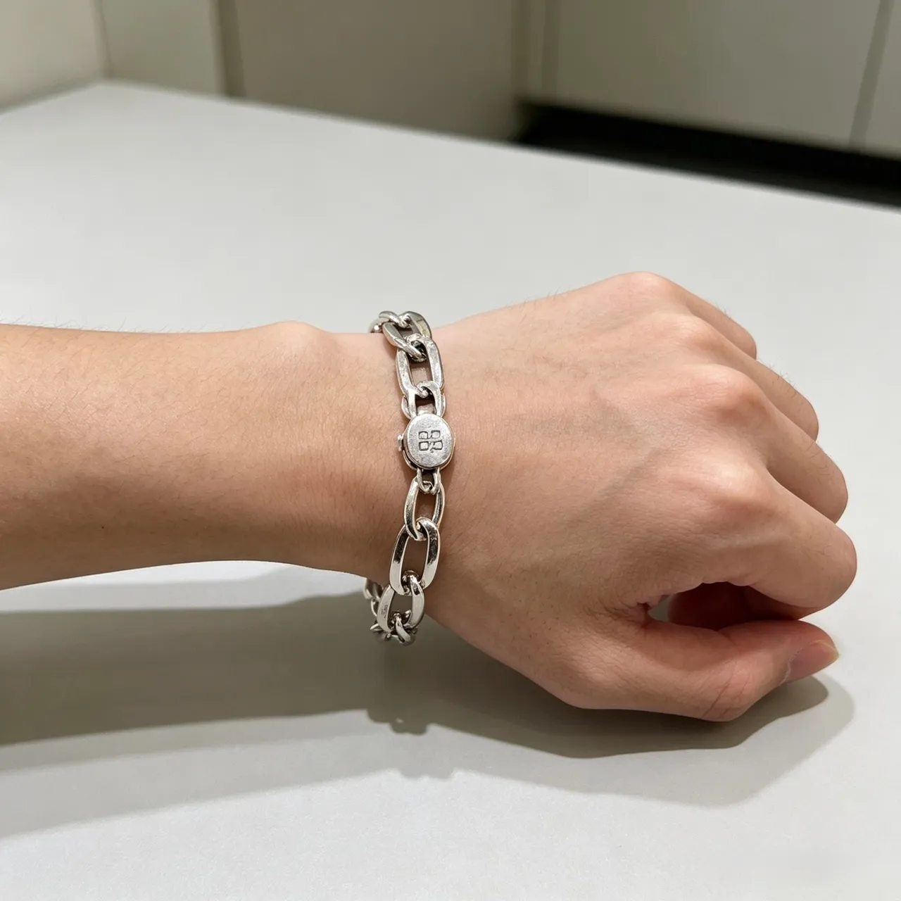 Balenciaga Logo Charm Chunky Link Silver Bracelet