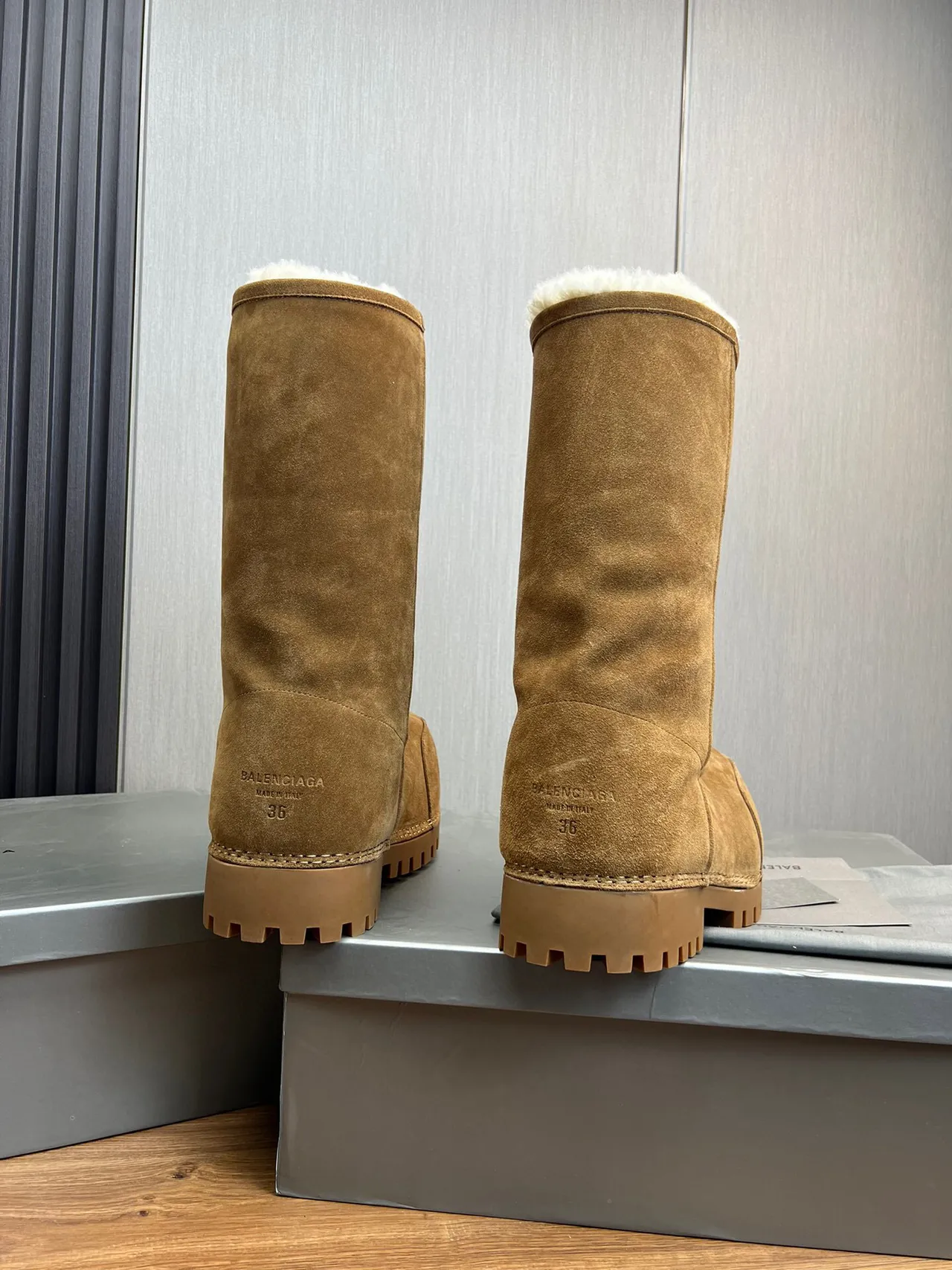 Balenciaga Defender Brown Beige Suede Shearling-Lined Knee Boots