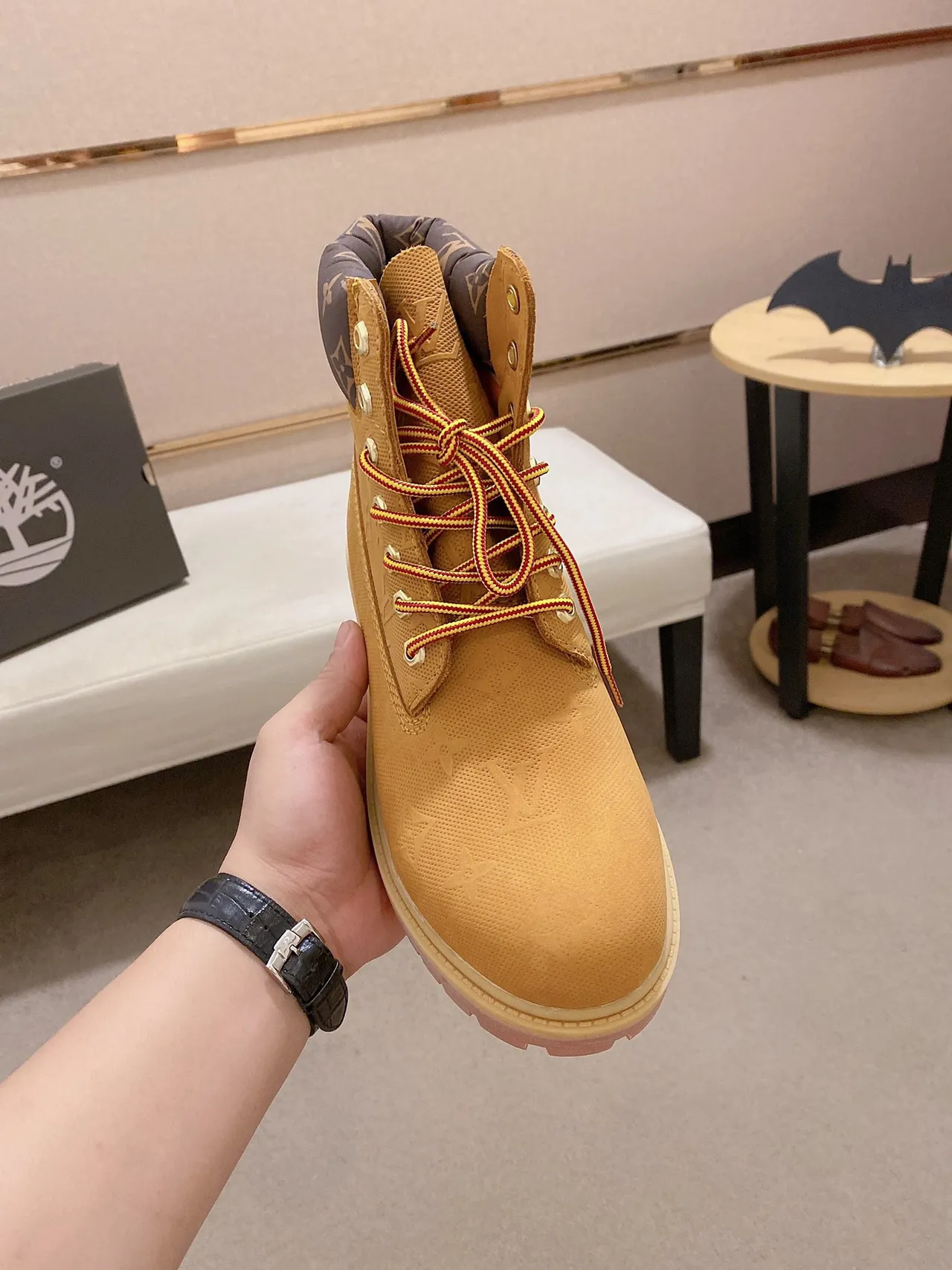 Timberland Beige Pink Monogrammed Textile Upper Padded Collar Work Boots