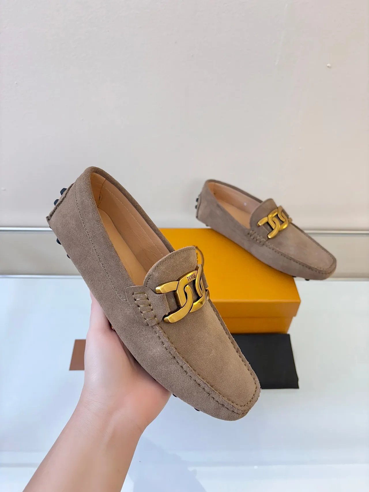 Tod's Gommino Loafer Taupe Suede Gold Horsebit Loafers