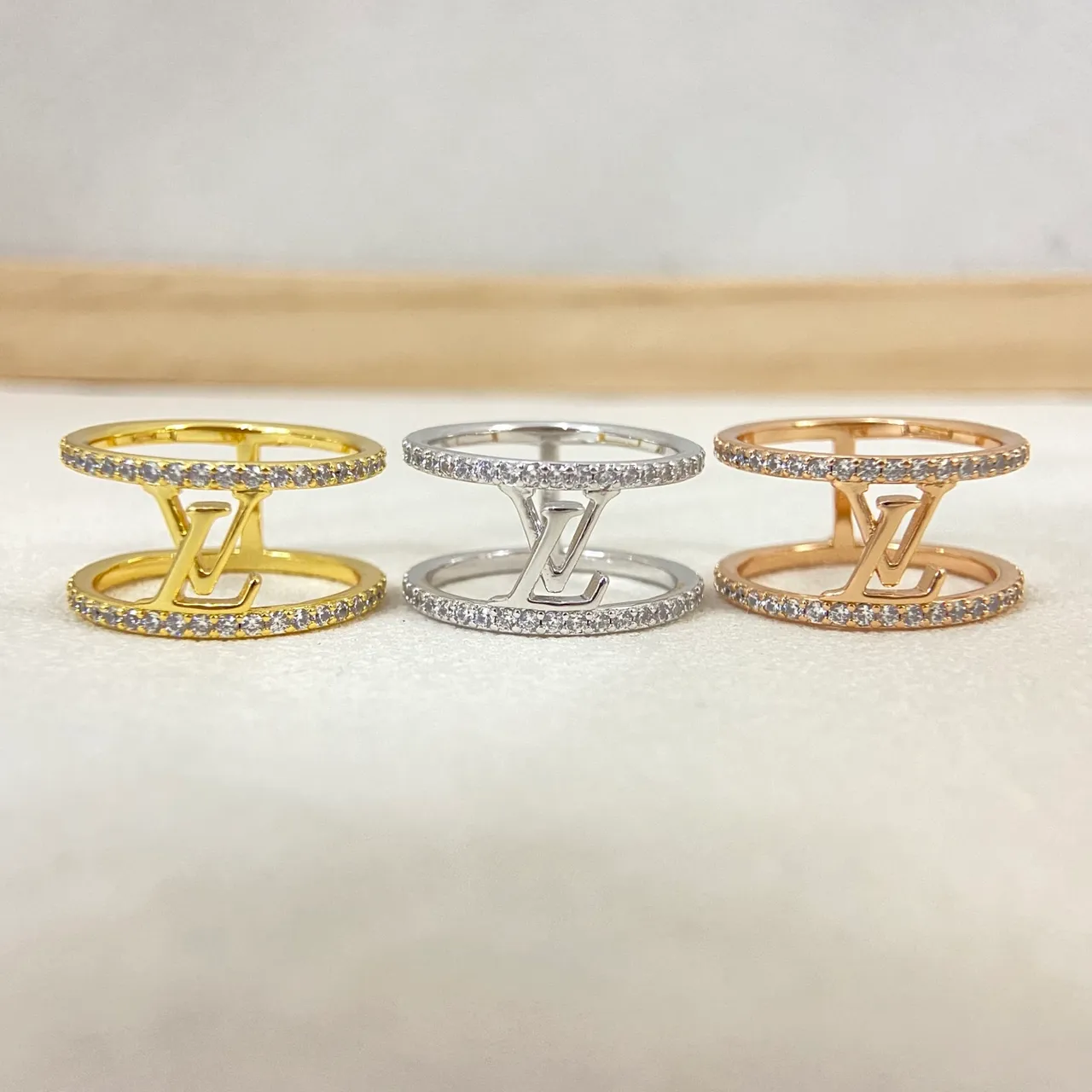 Louis Vuitton Gold Silver Double-Band Pavé Crystal Ring