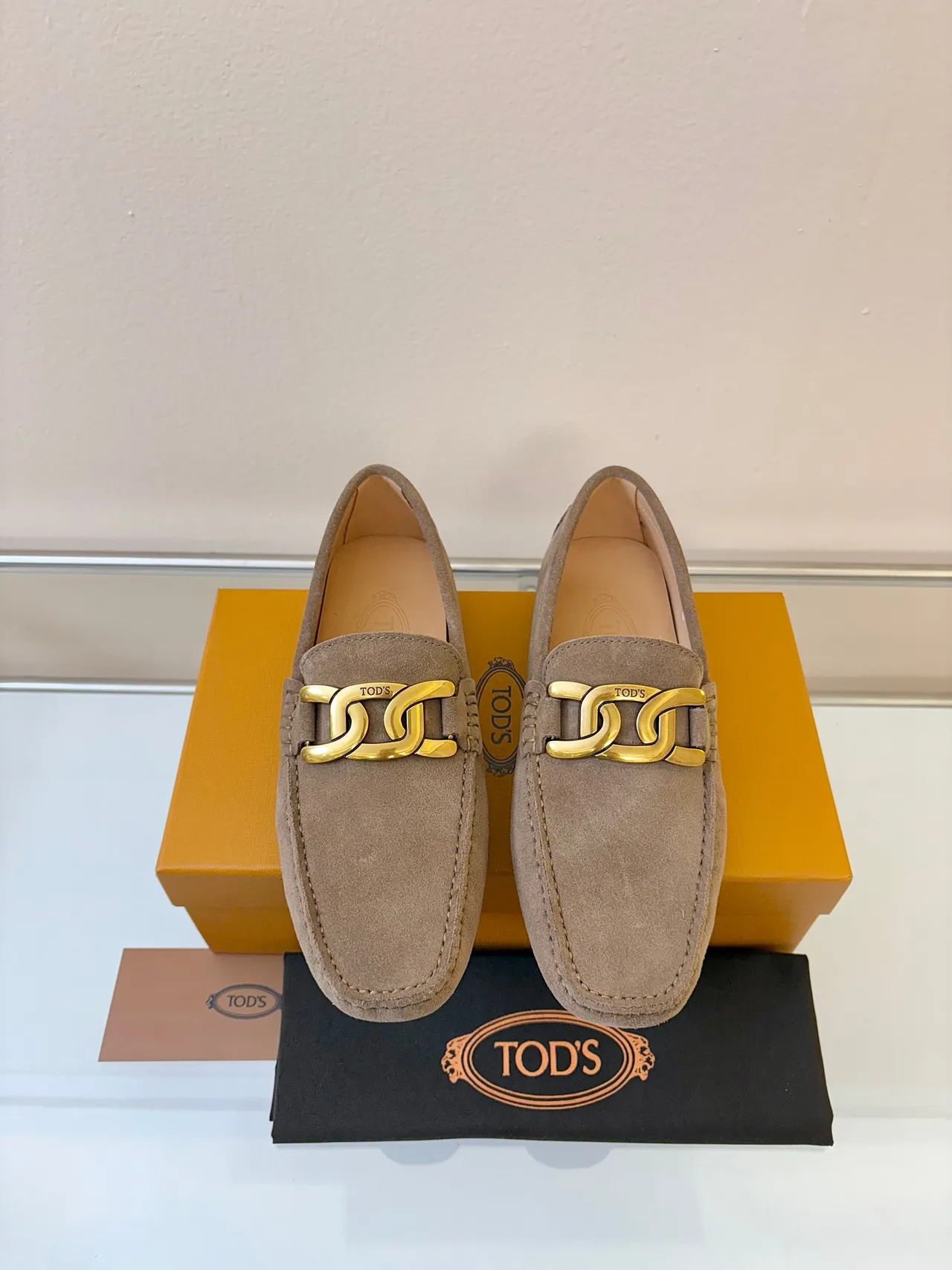 Tod's Gommino Loafer Taupe Suede Gold Horsebit Loafers