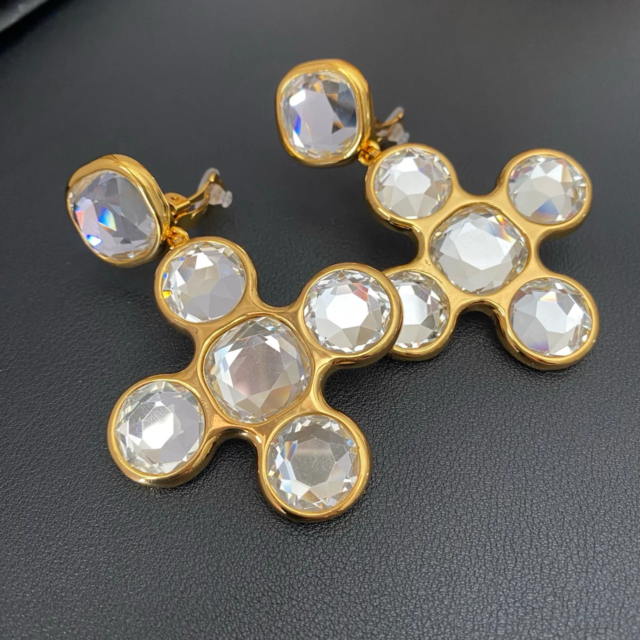 Saint Laurent Crystal Cross Cluster Gold-Tone Earrings