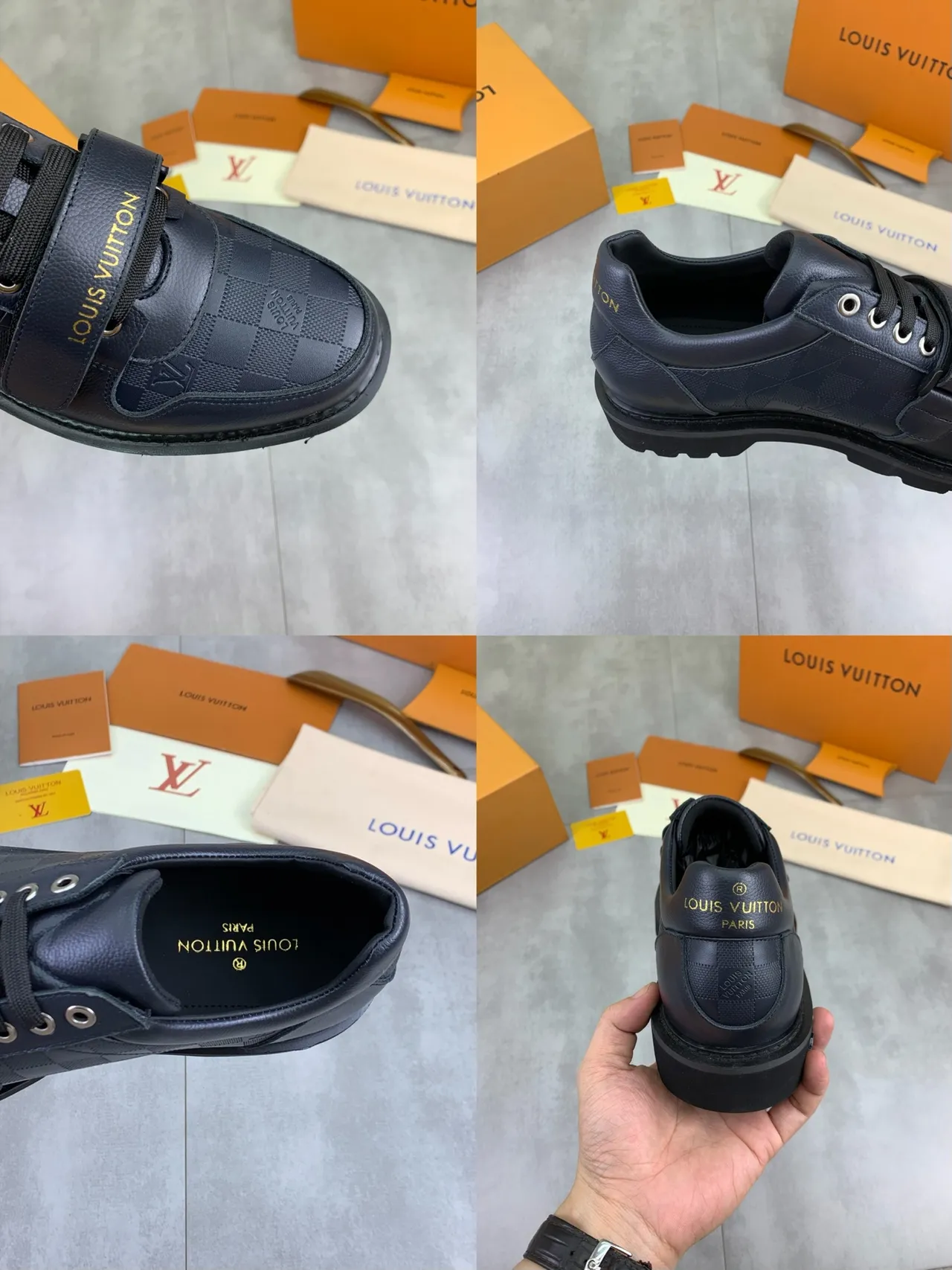 Louis Vuitton Run Away Navy Black Checkered Leather Dual Lace-and-Strap Closure Casual Shoes