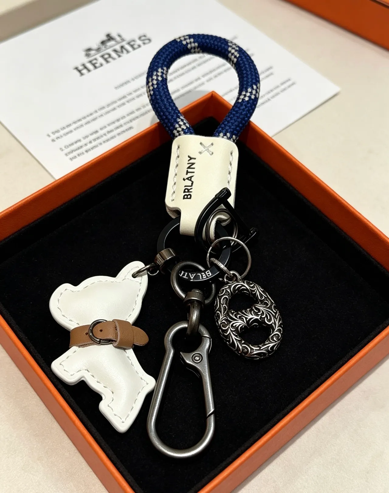 Hermès Dog Charm Keychain White Navy Leather Rope Loop Handbag