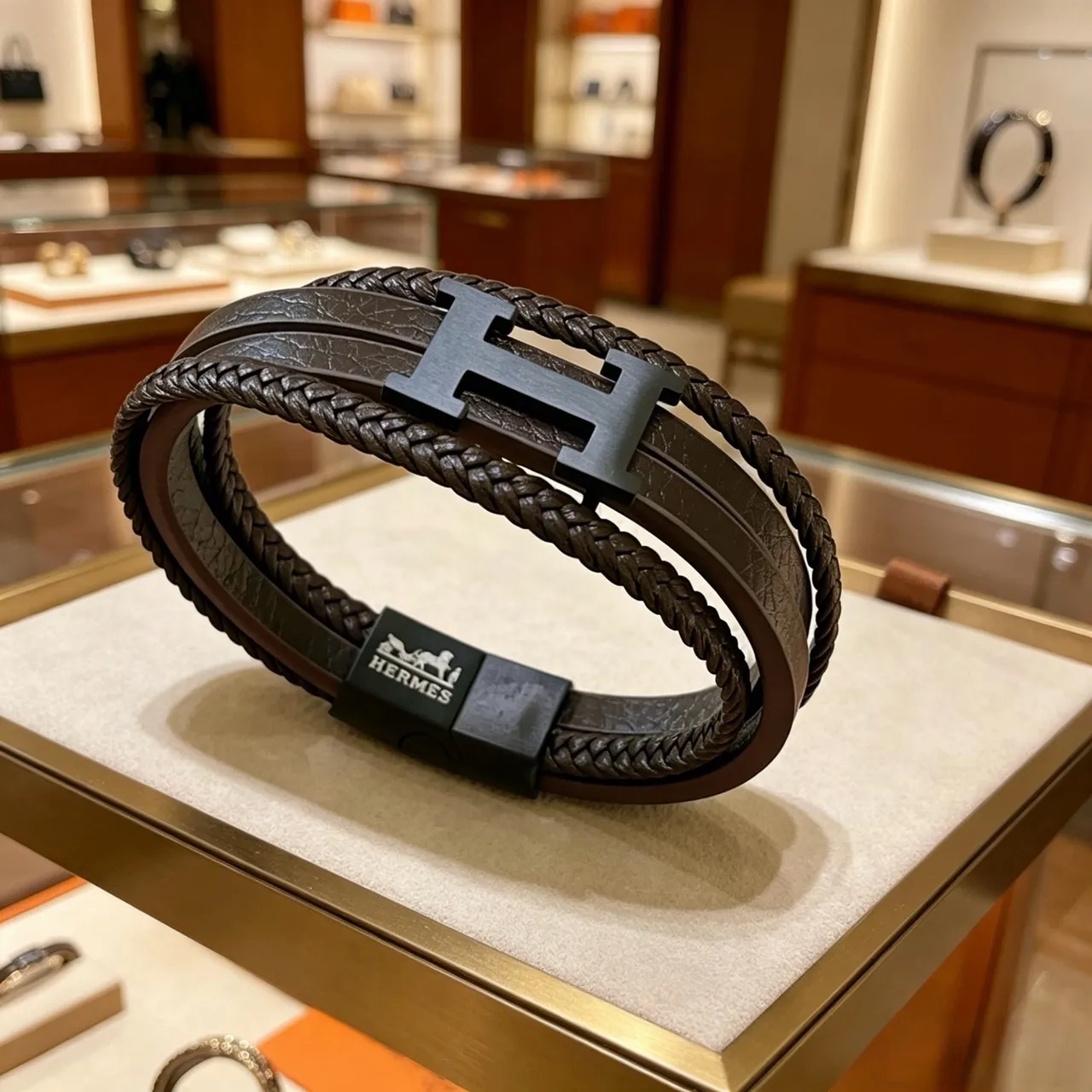 Hermès Brown Black Braided Leather Double-Wrap Bracelet