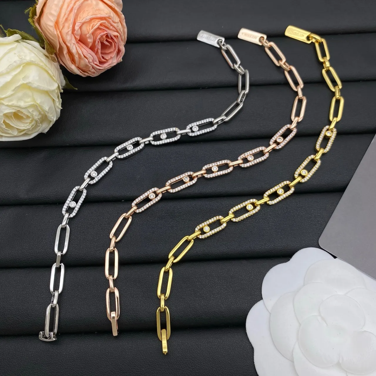 Messika Silver Gold Chain-Link Pavé-Set Rectangle Bracelet
