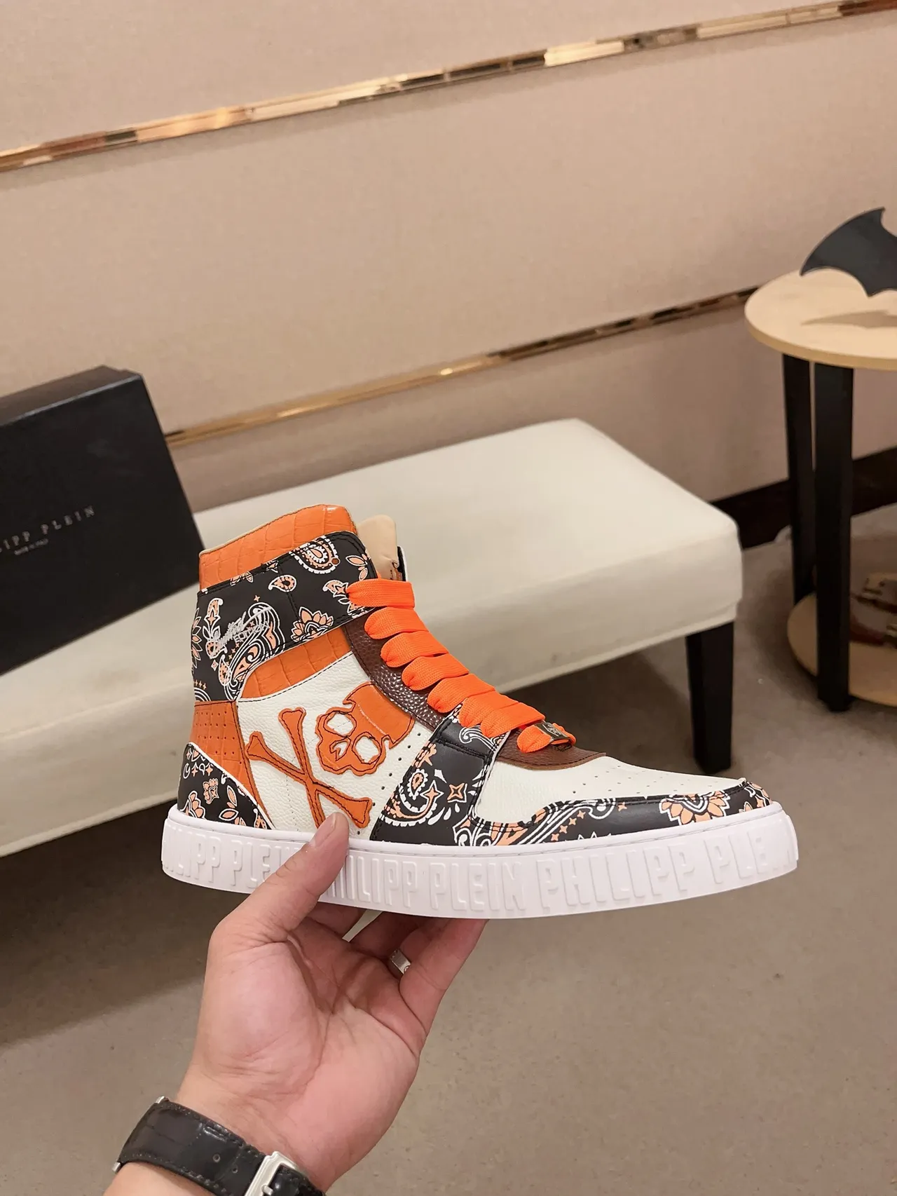 Philipp Plein White Orange High-Top Paisley-Print Lifestyle Sneakers