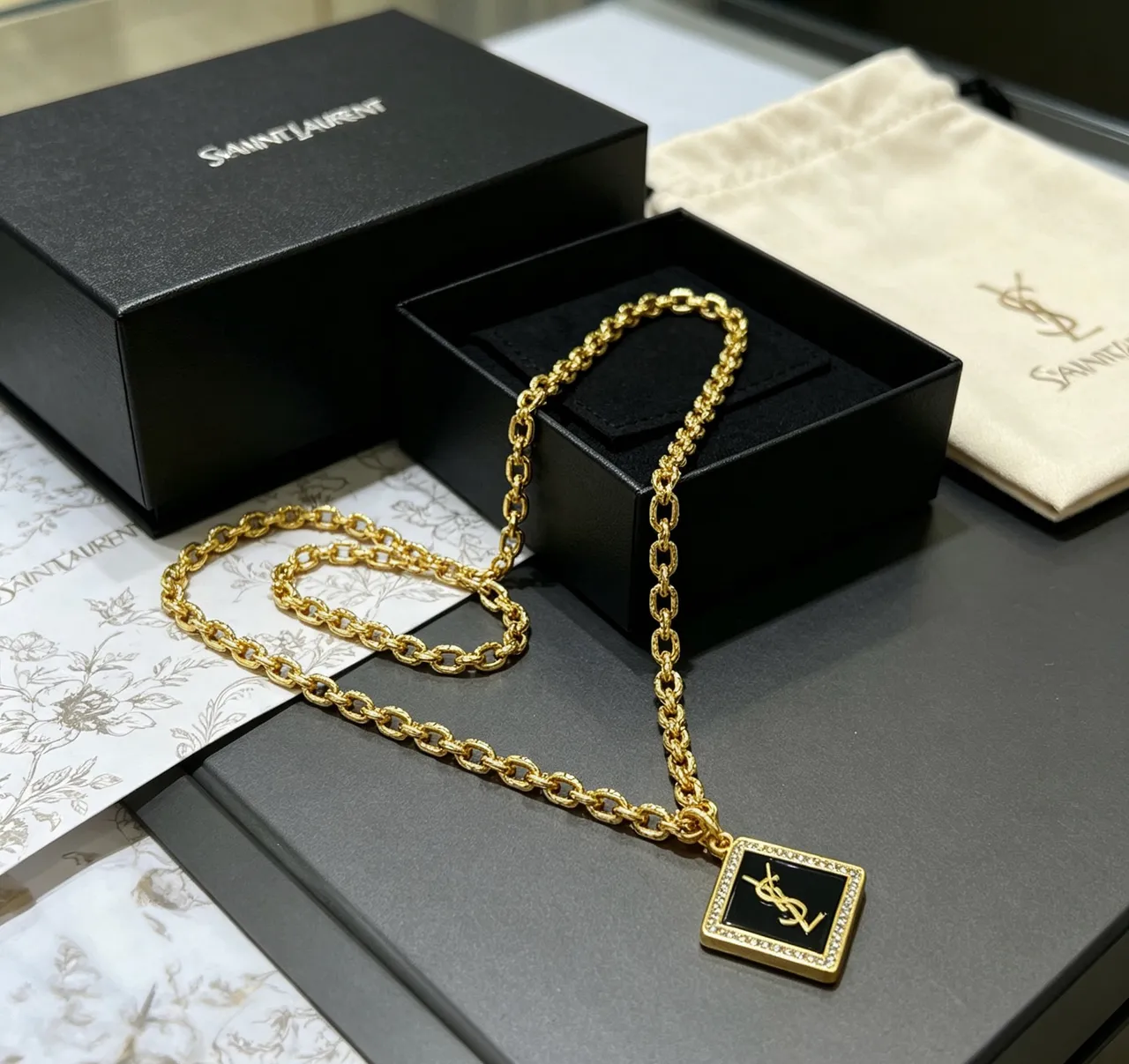 Saint Laurent Square Monogram Pendant Gold Black Curb Chain Enamel Necklace