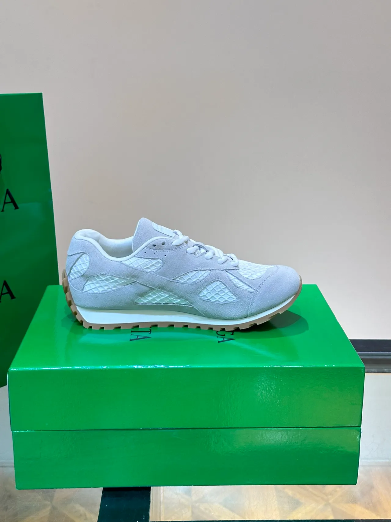 Bottega Veneta Gray White Suede Upper Intrecciato Quilted Panels Lifestyle Sneakers