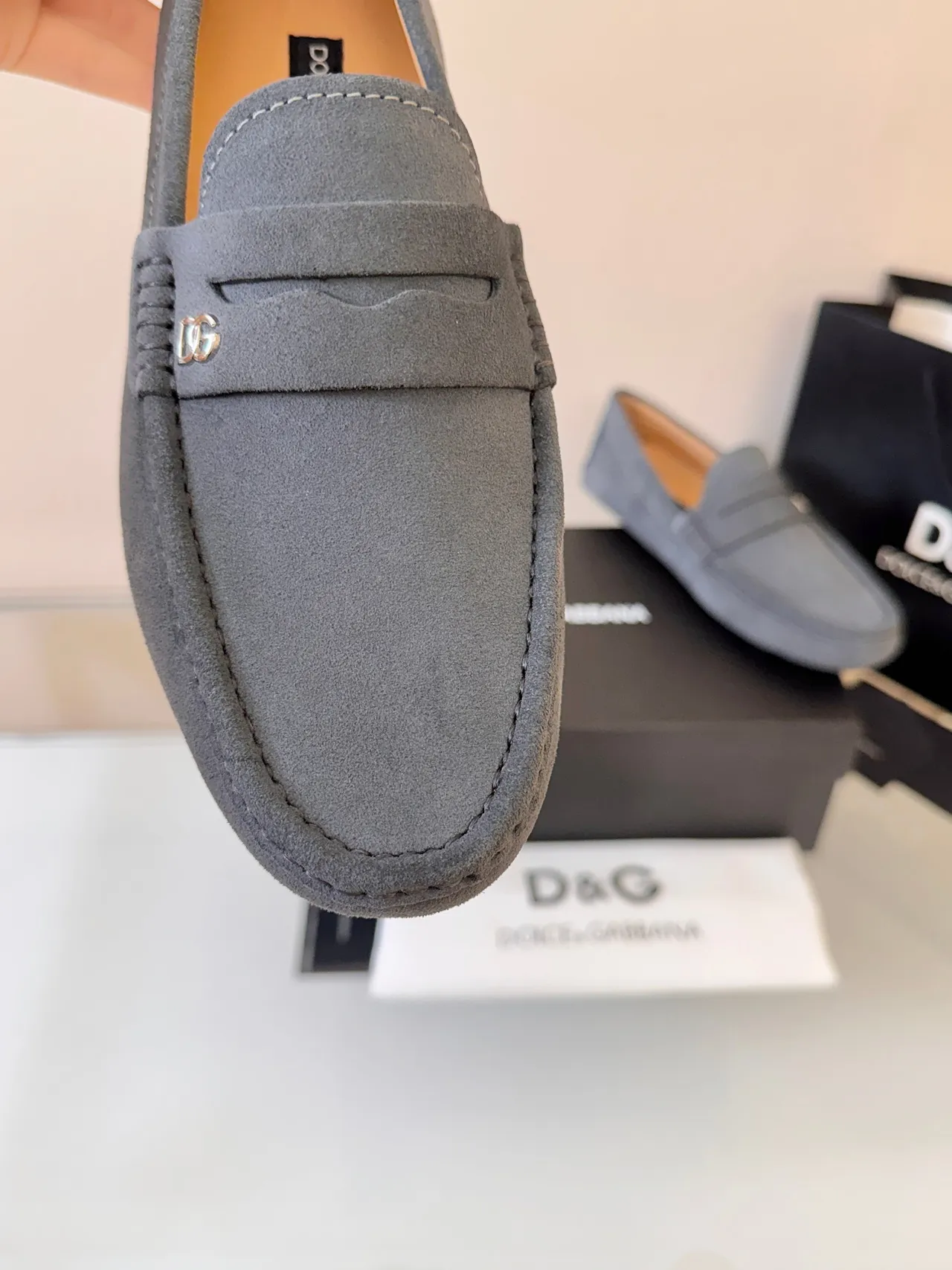 Dolce & Gabbana Penny Loafer Gray Beige Suede Upper Strap Loafer