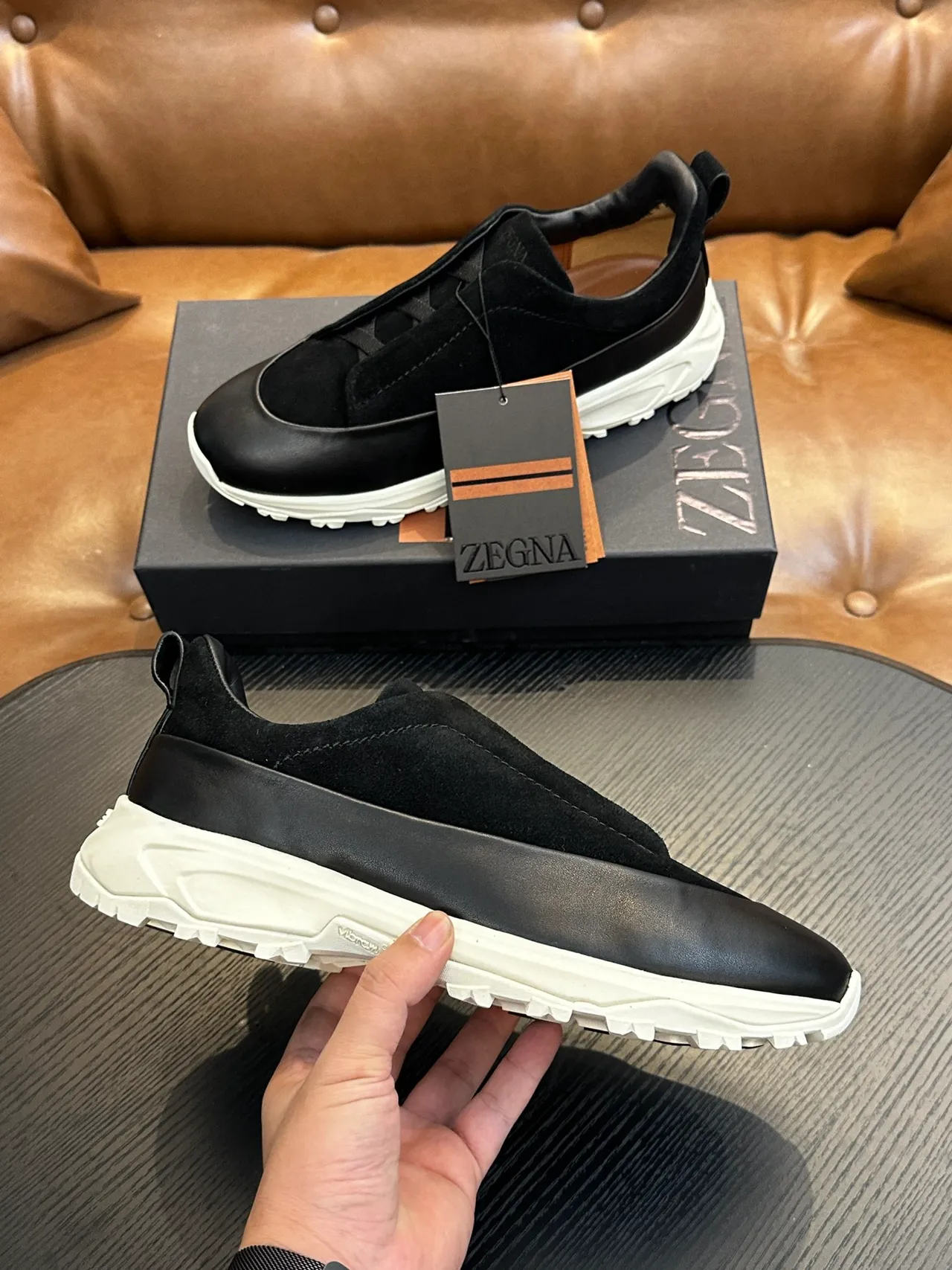 Zegna Black White Slip-On Construction Suede And Leather Upper Sneakers