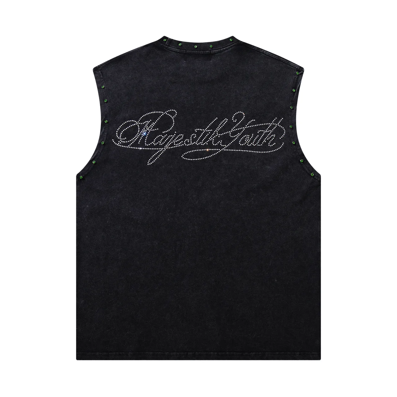 MAJESTIK Graphic-Print Studded Acid-Wash Black Denim Vest Top