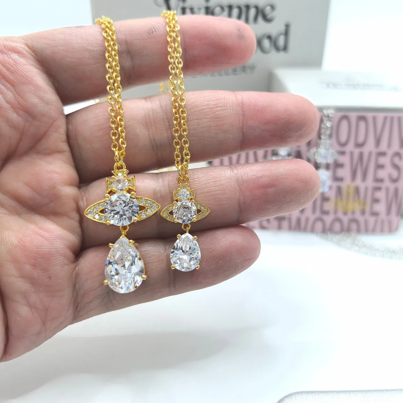 Vivienne Westwood Orb Pendant Necklace Gold Silver Motif Teardrop Crystal Dangle Necklace