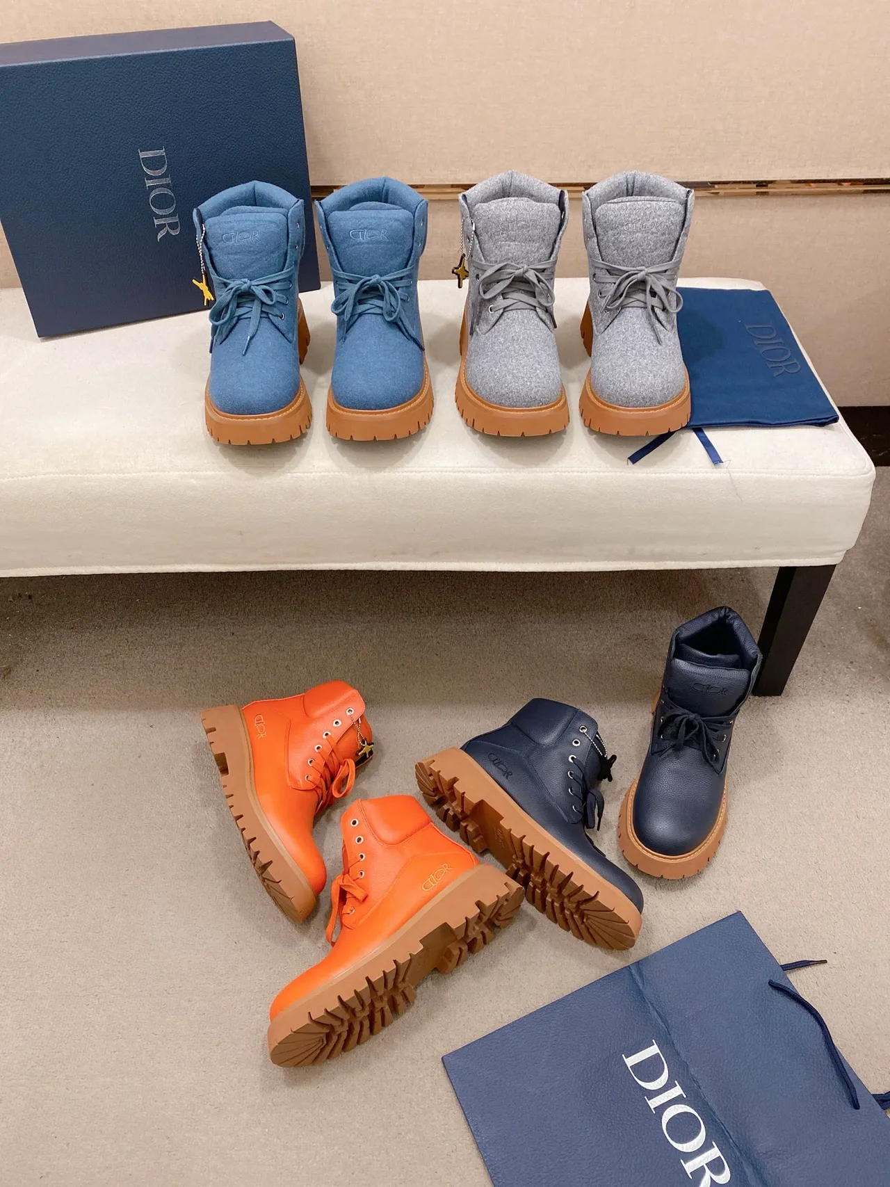 Dior Navy Beige Pebbled Leather Chunky Lug Sole Work Boots