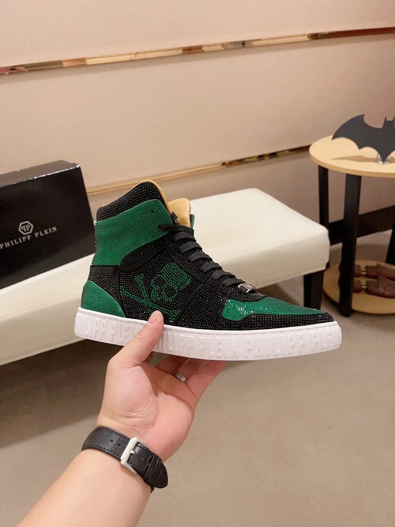 Philipp Plein Black Green High-Top Crystal-Embellished Lifestyle Sneakers