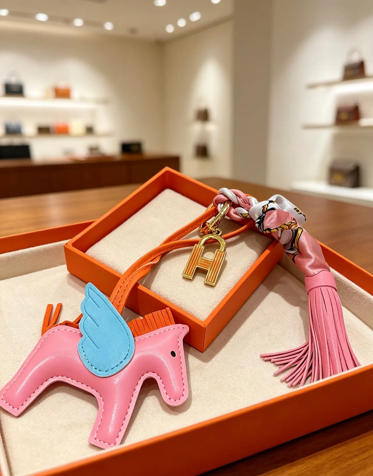 Hermès Grigri Pégase Pink Blue Leather Winged Horse Charm Stitched Silhouette Tote Bag