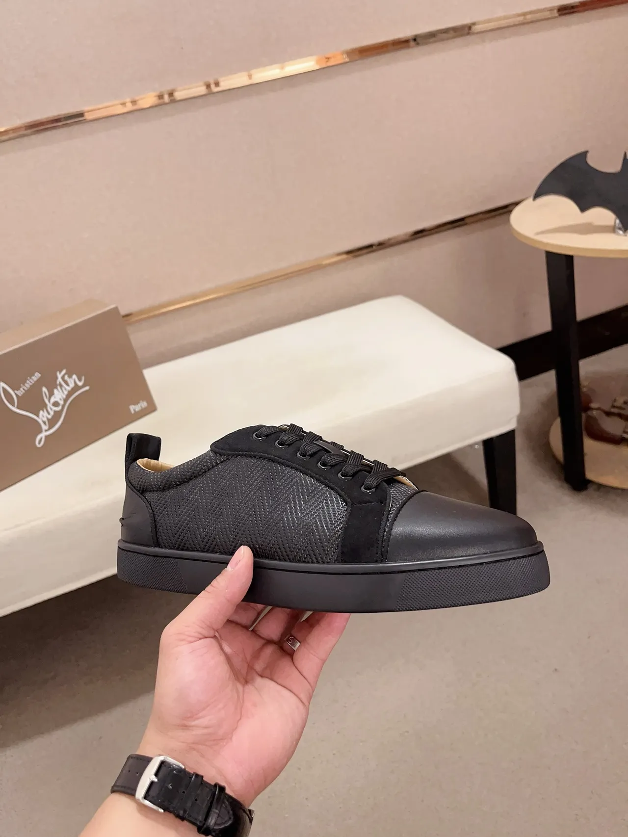 Christian Louboutin Black Beige Cap-Toe Woven Textile Upper Lifestyle Sneakers