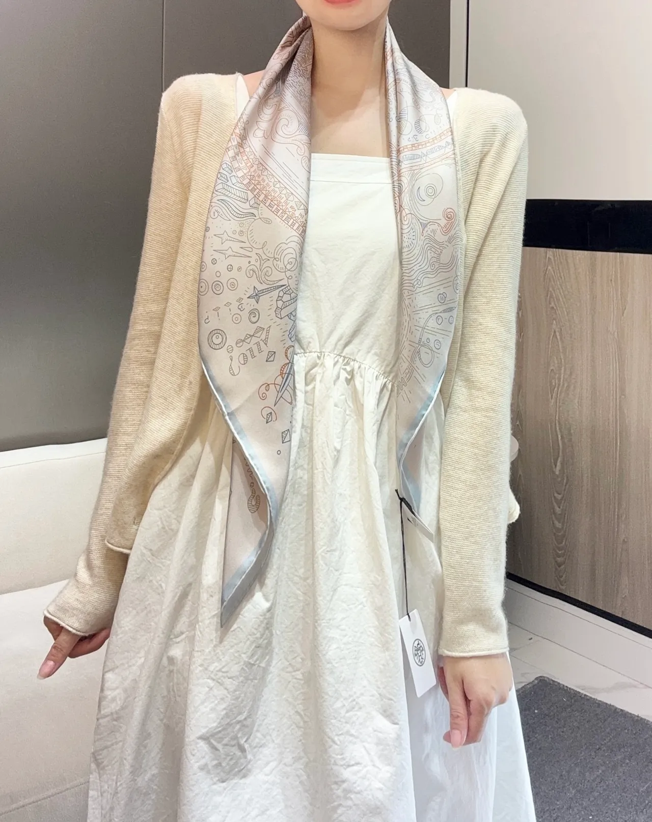 Cream Crinkled Empire-Waist Sleeveless Dress