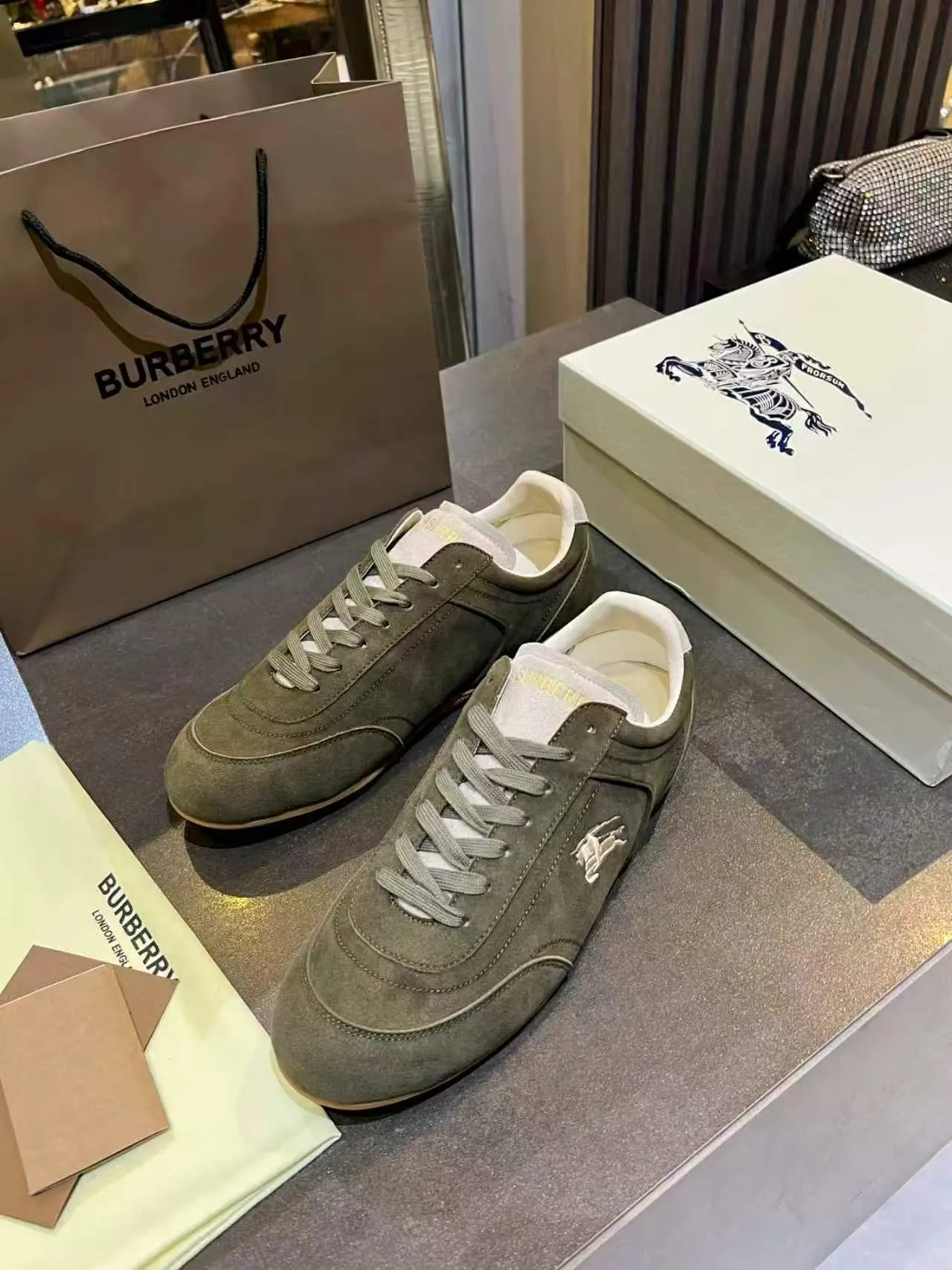 Burberry Knight Olive Green Suede Lifestyle Sneakers