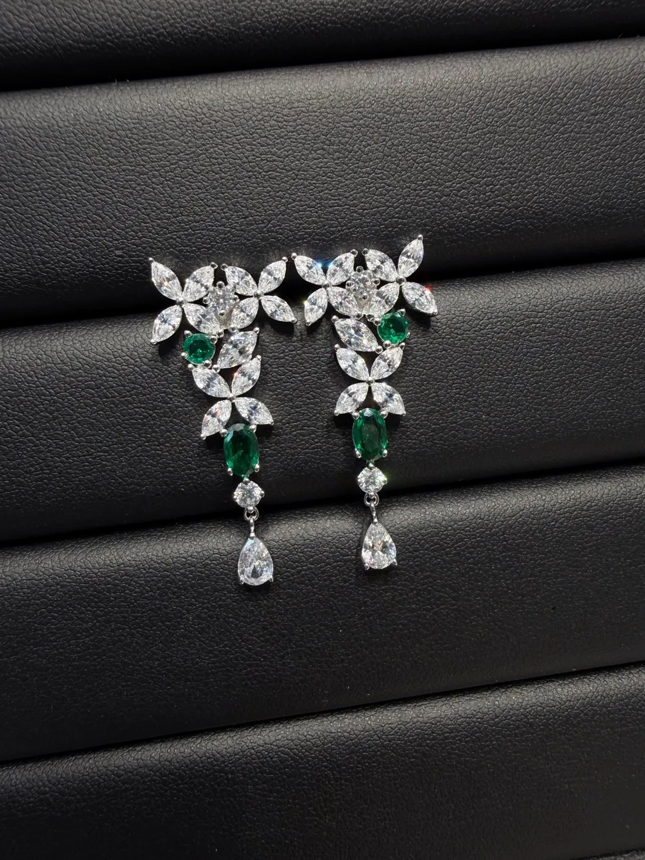 Floral Motif Marquise-Cut Green and Clear Stone Drop Earrings
