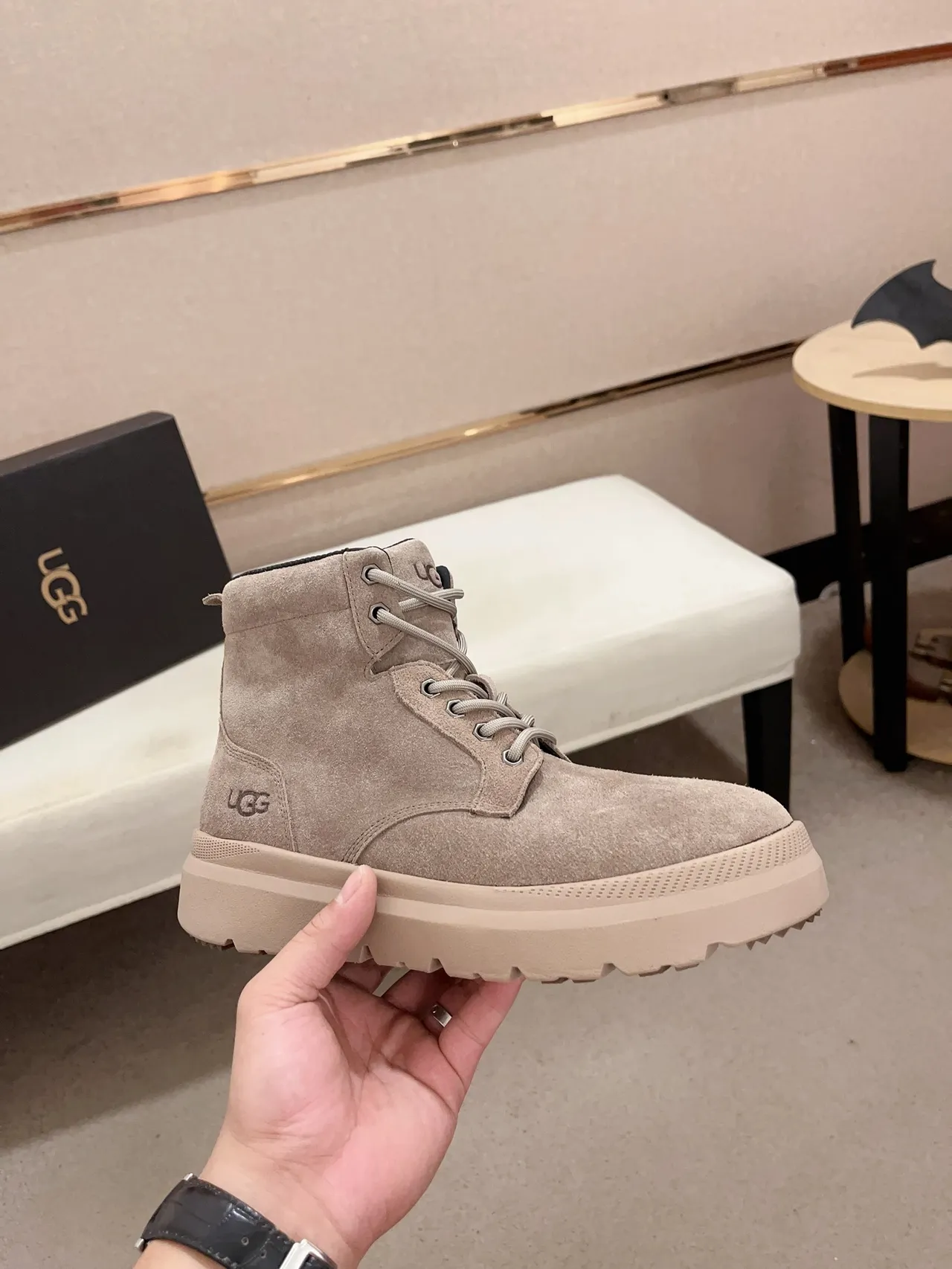 UGG Gray Beige Suede Upper Lace-Up Front Work Boots