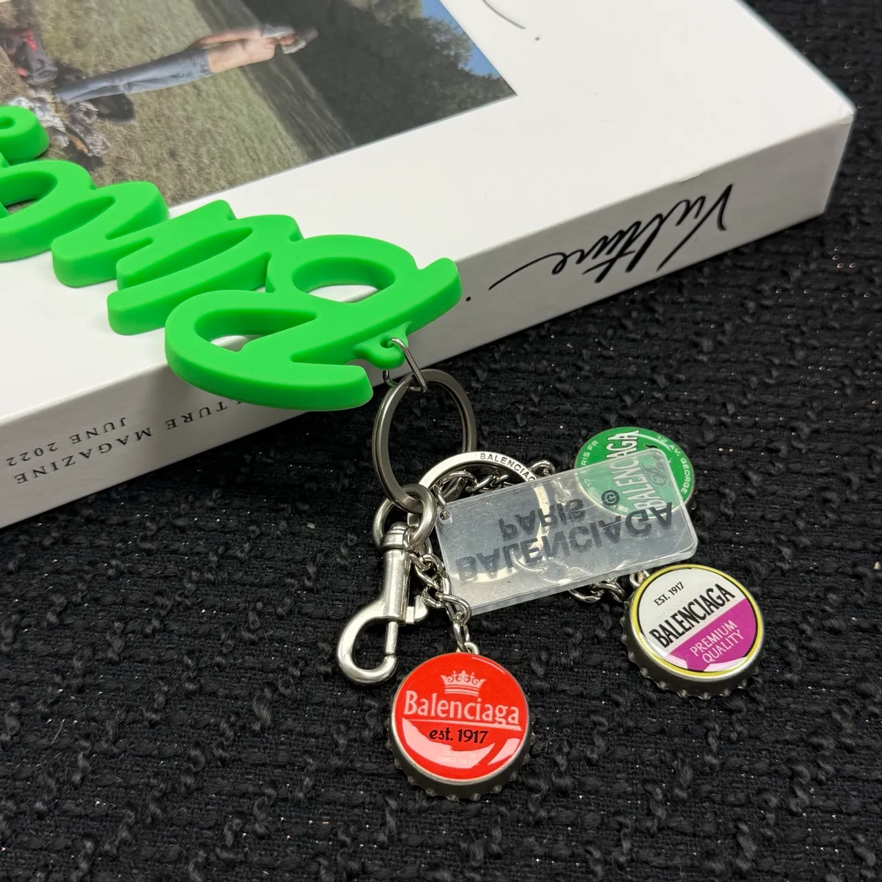 Balenciaga Multi-Charm Keychain Green Silver Cursive Resin Pendant Bracelet