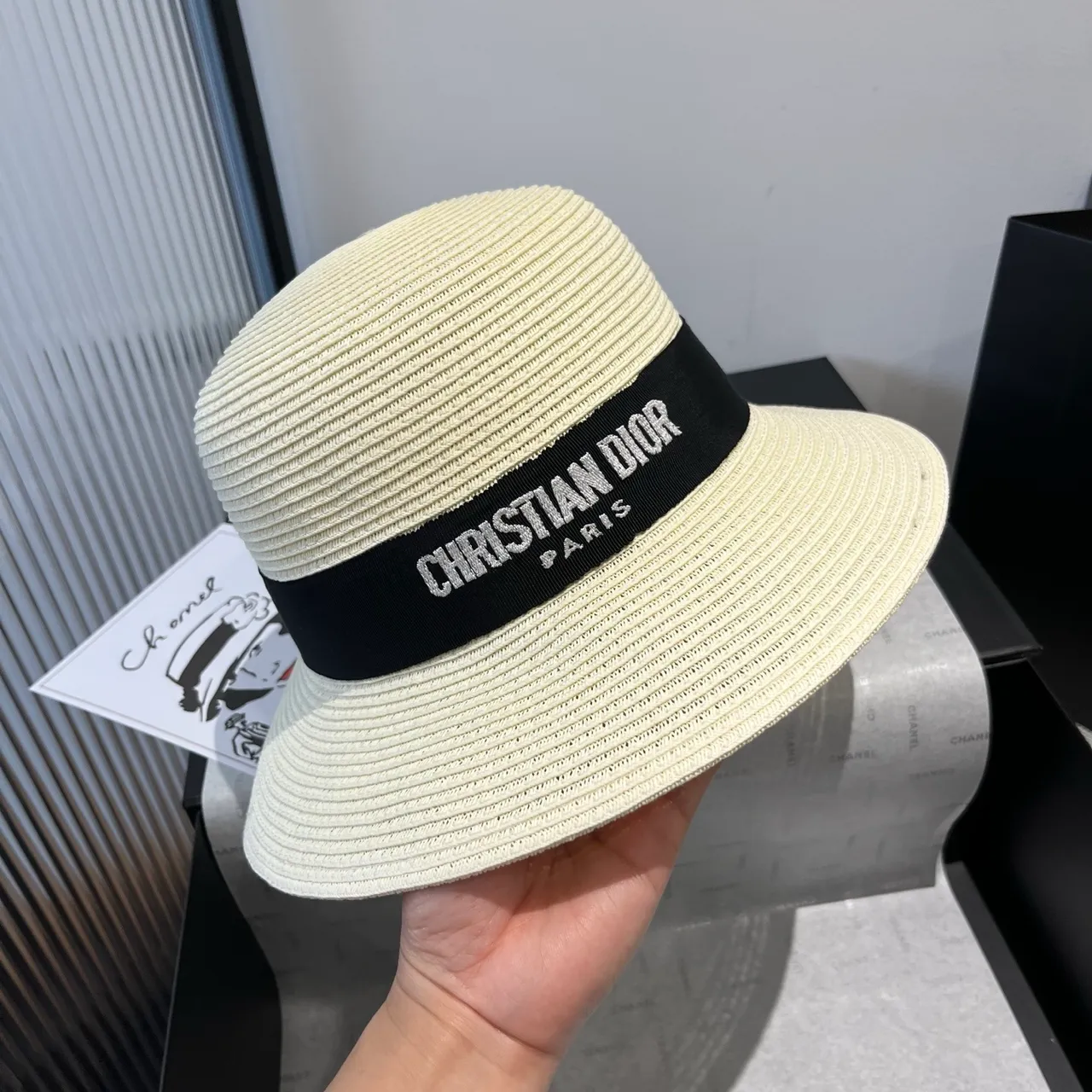 Dior Beige Black Woven Straw-Like Texture Structured Ribbed Crown Fedora