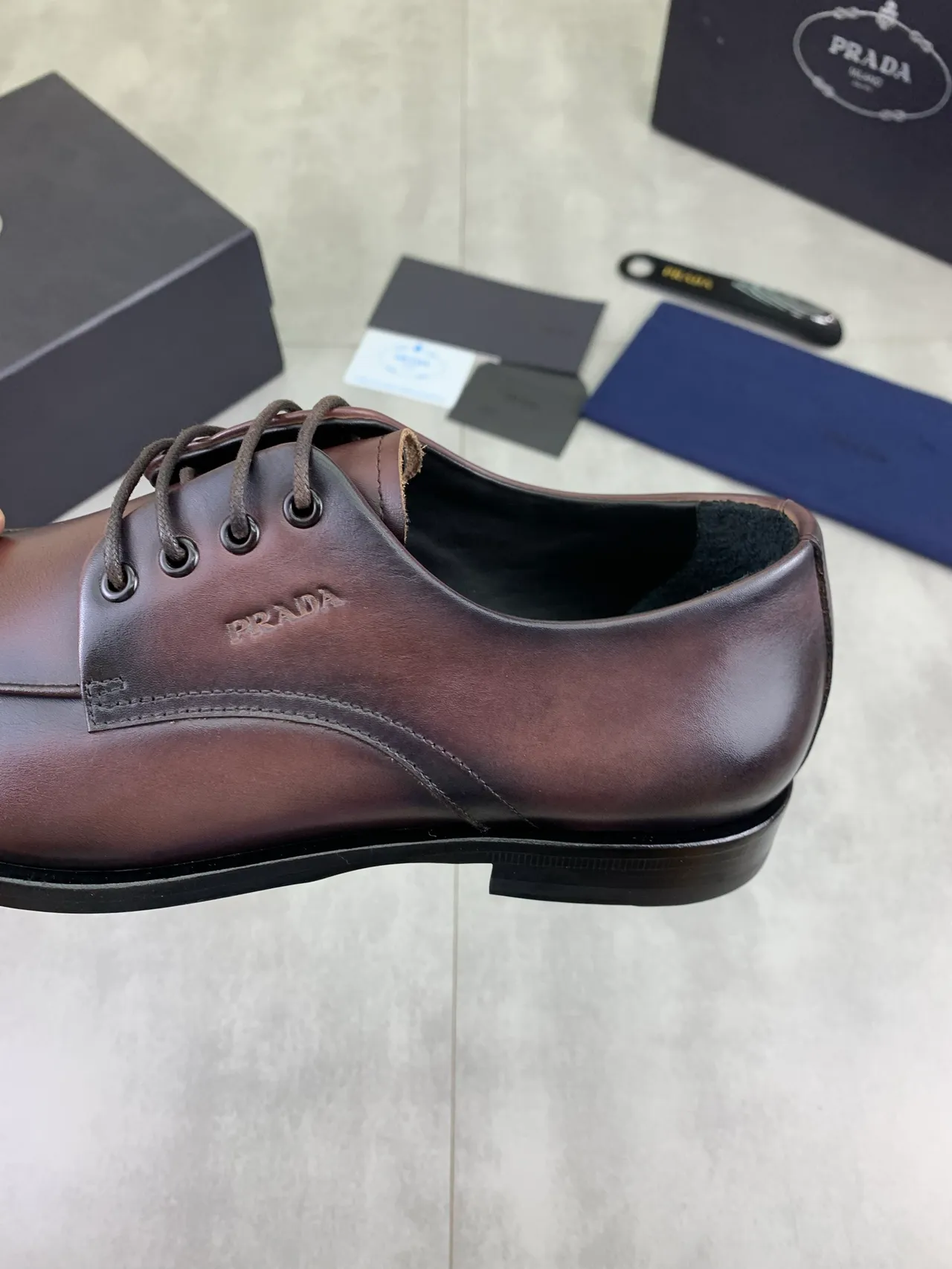 Prada Burgundy Black Cap-Toe Polished Leather Oxford Shoes
