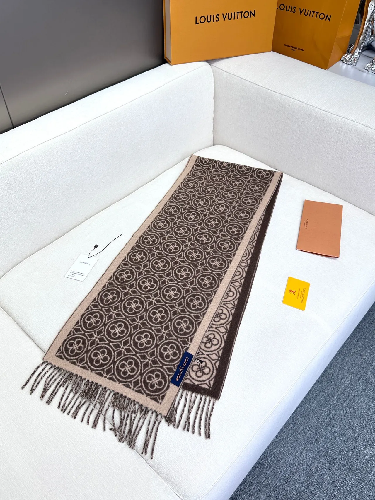 Louis Vuitton Geometric Monogram Jacquard Beige and Brown Cashmere Scarf