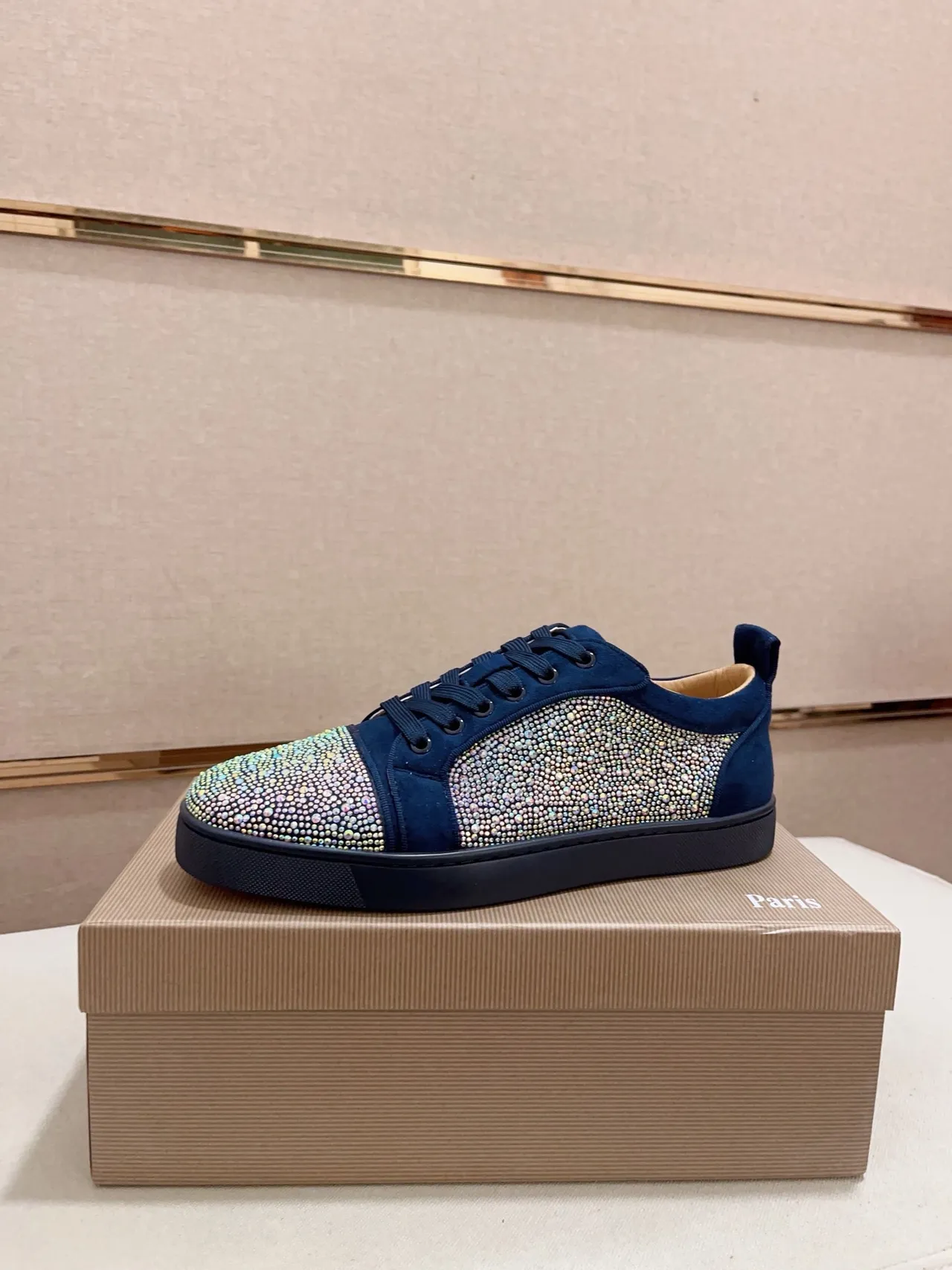 Christian Louboutin Crystal-Embellished Navy Suede Lifestyle Sneakers