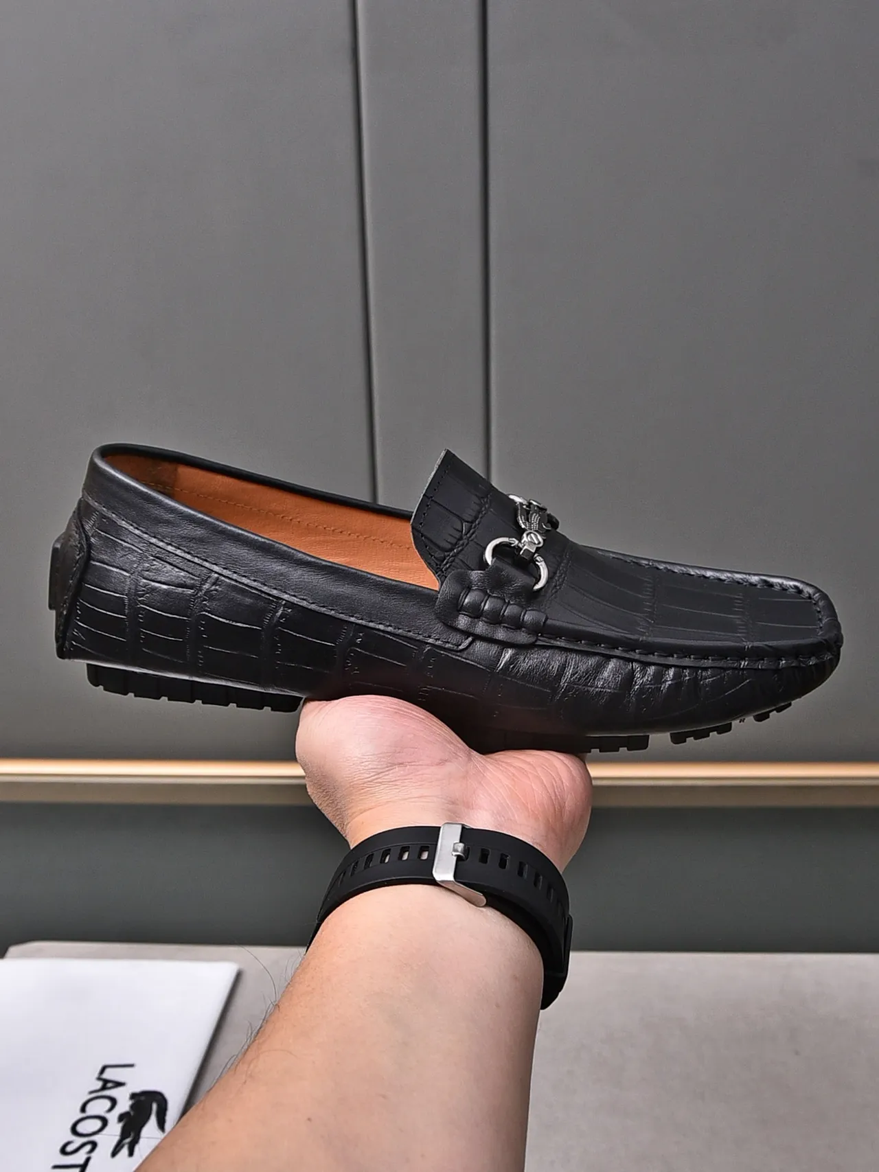 Lacoste Horsebit Loafer Black Croc-Embossed Leather Loafers