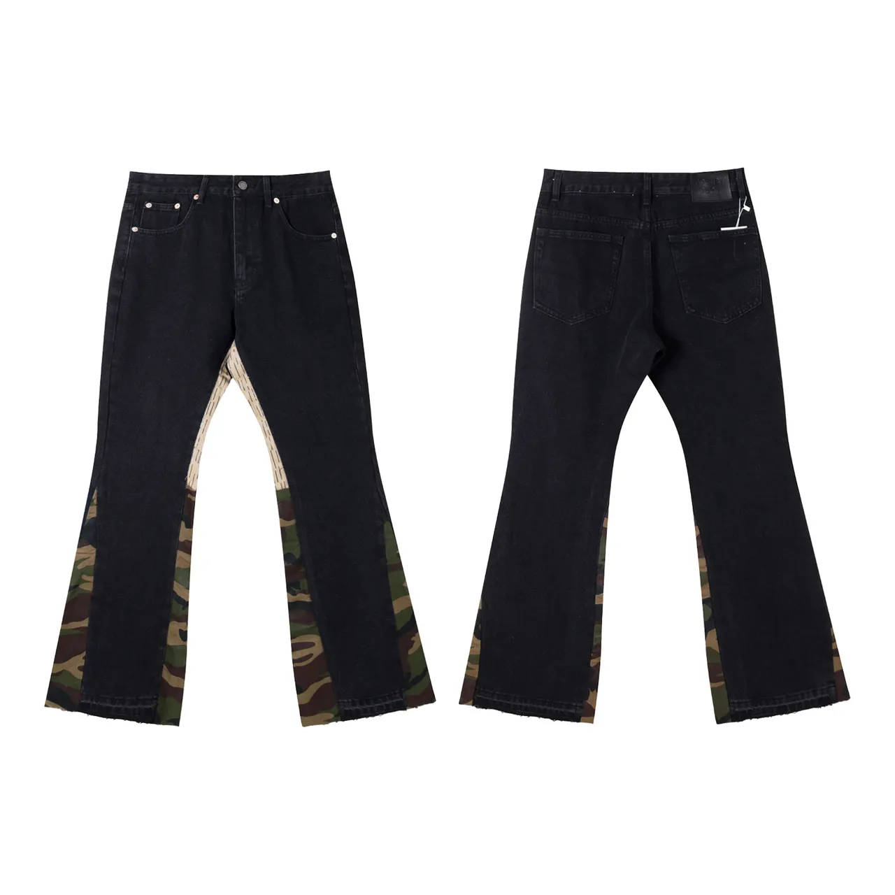 Black Army Green Flared-Leg Camouflage-Paneled Jeans
