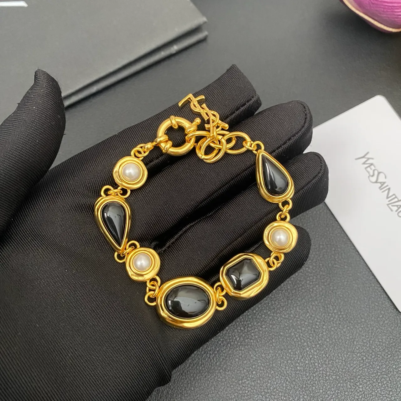 Saint Laurent Gold-Tone Black Stone and Pearl Link Bracelet