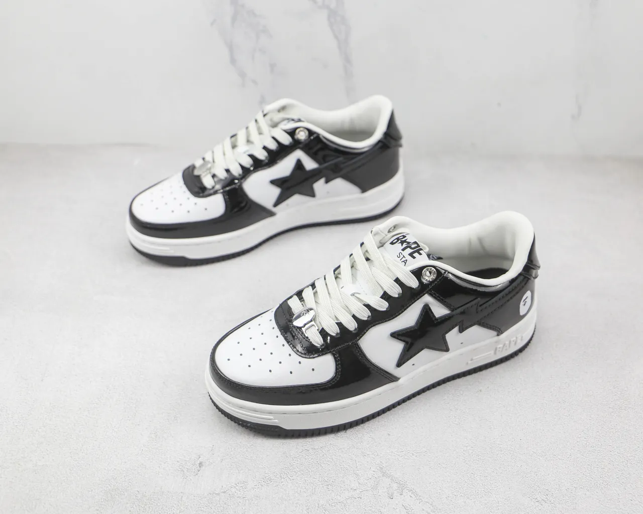 A Bathing Ape BAPE STA Black and White Patent Leather Lifestyle Sneakers