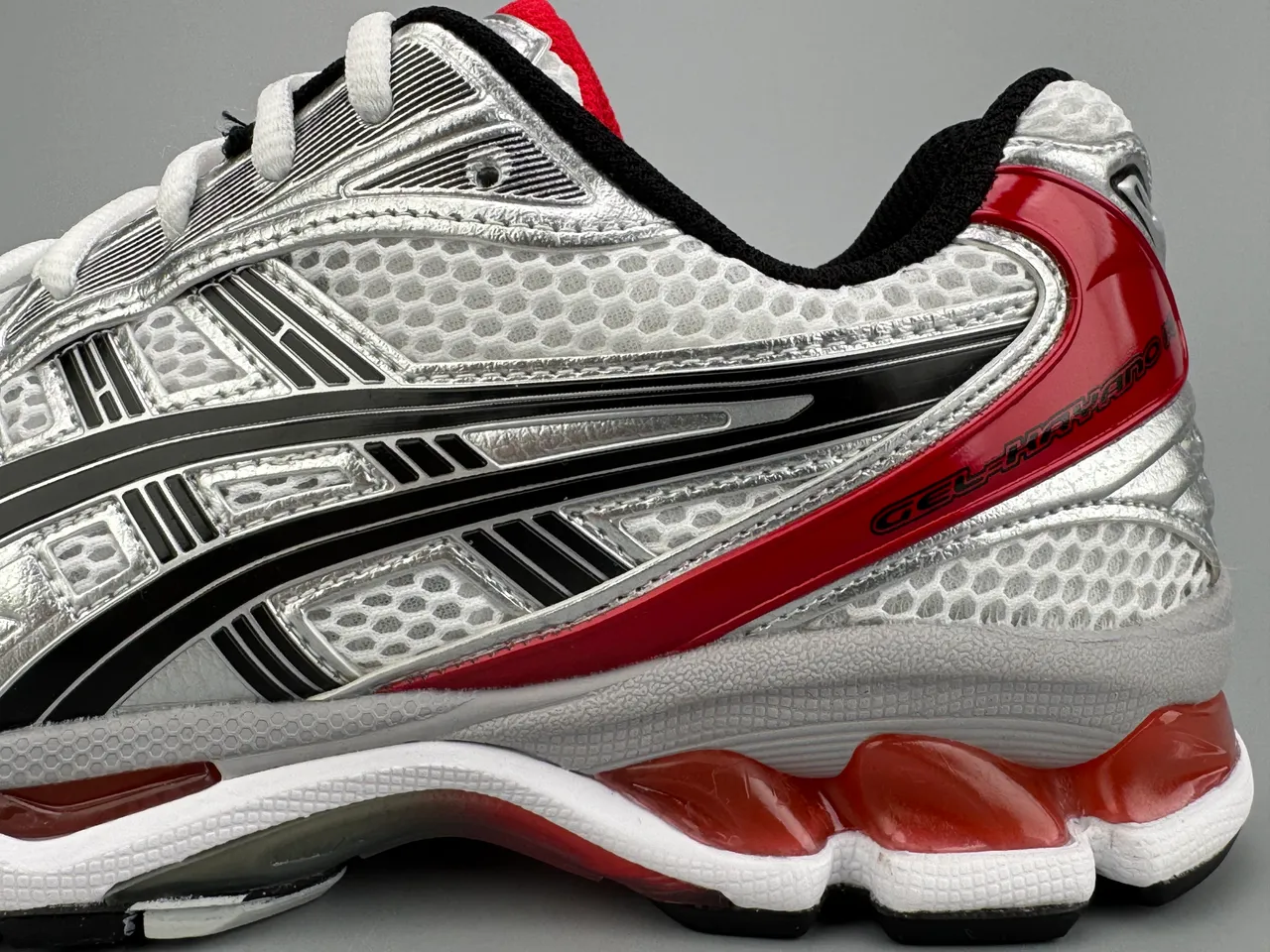 ASICS Gel-Kayano Silver White Red Running Shoes