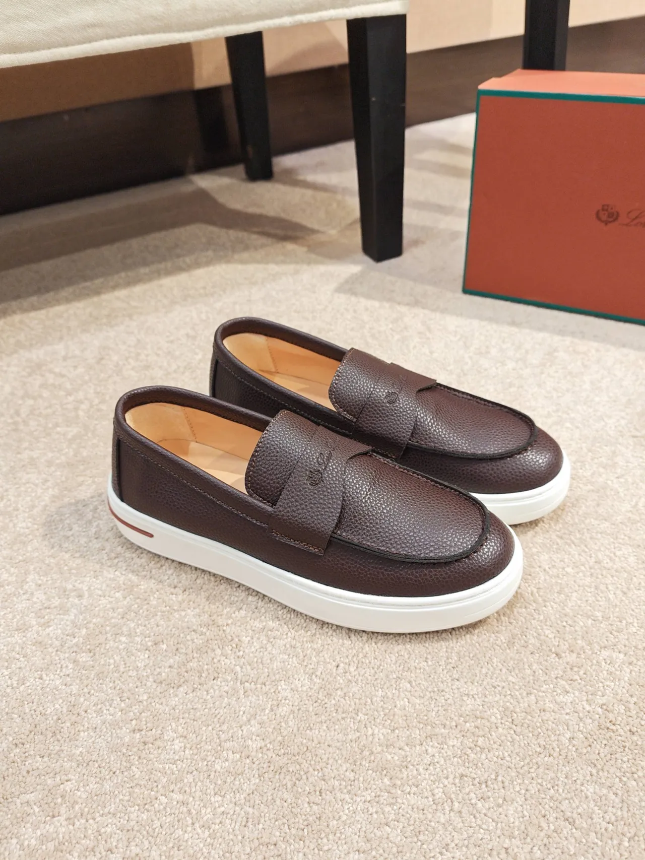 Brown White Pebbled Leather Penny Strap Loafer