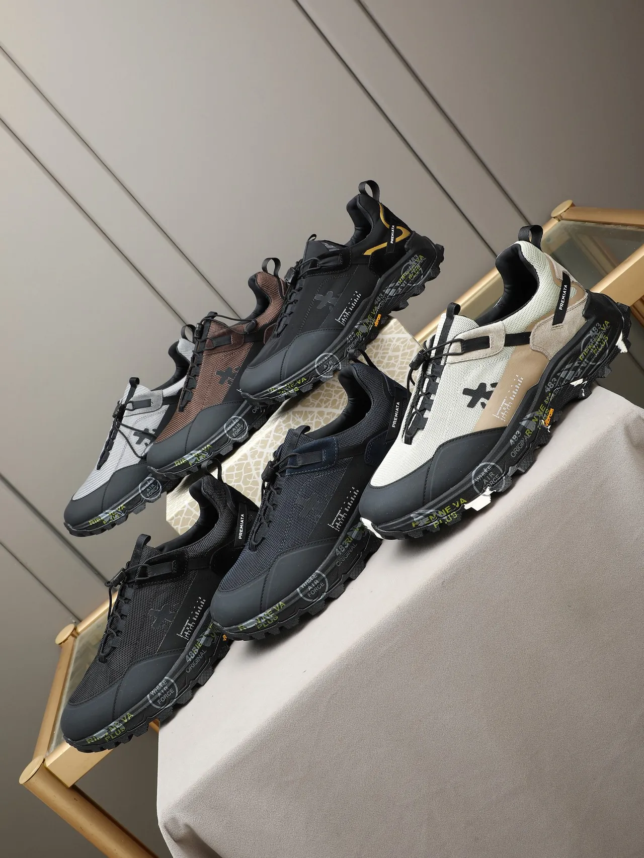 Premiata Black Gold Sole Mixed-Material Upper Chunky Sneakers