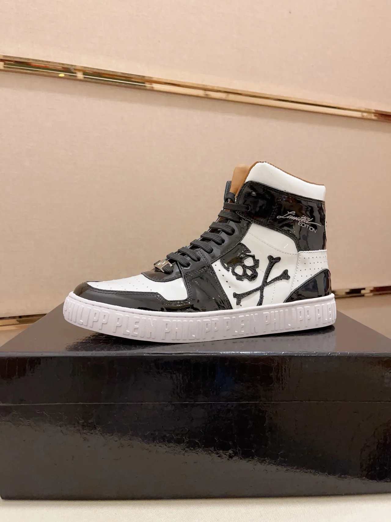 Philipp Plein Black White High-Top Patent Leather Lifestyle Sneakers