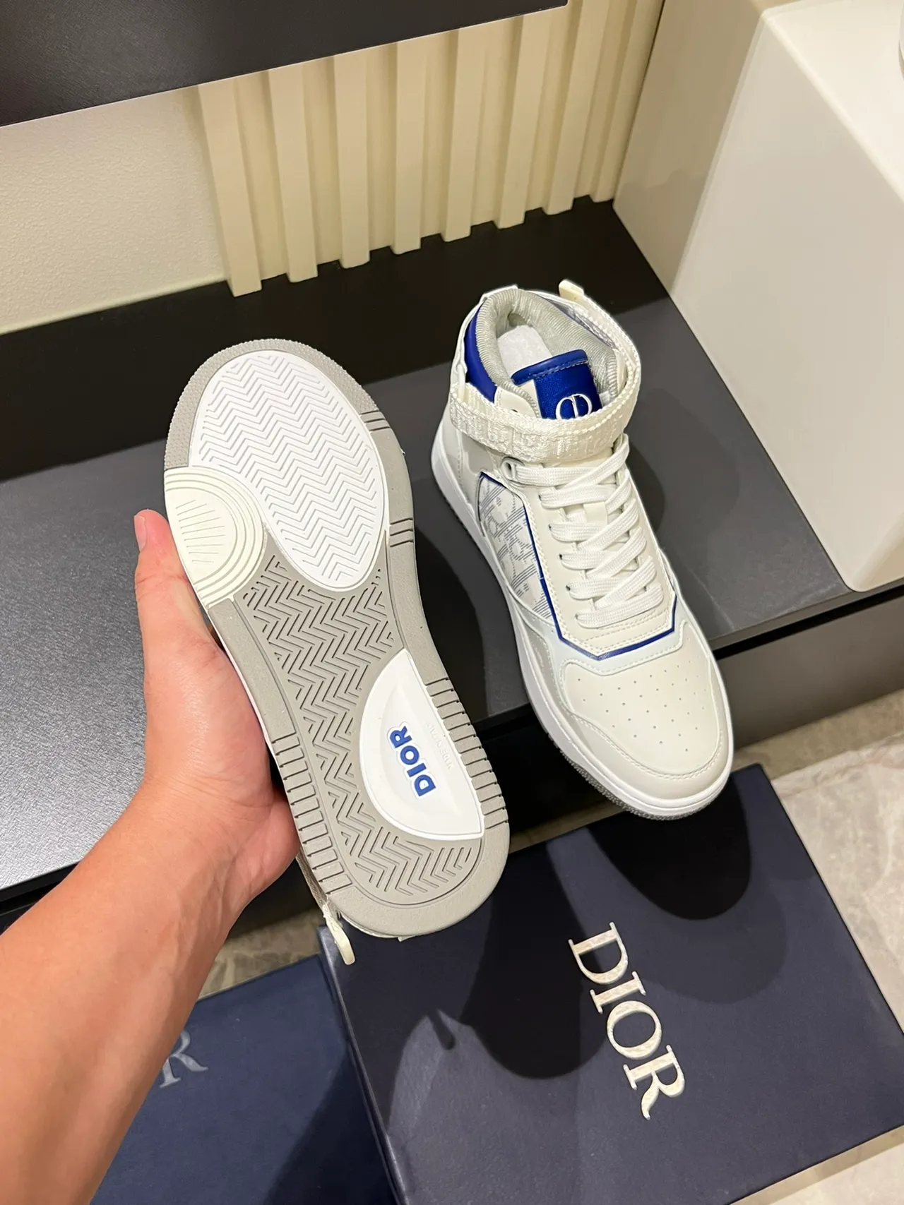 Dior B23 White and Blue Monogram High-Top Lifestyle Sneakers