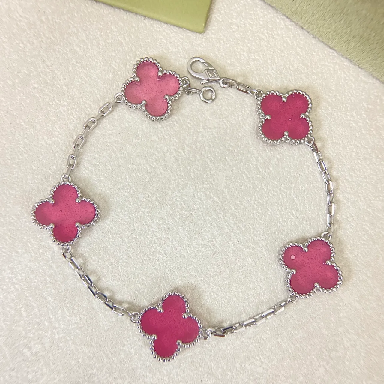 Van Cleef & Arpels Alhambra Pink Enamel Gold and Silver Bracelet
