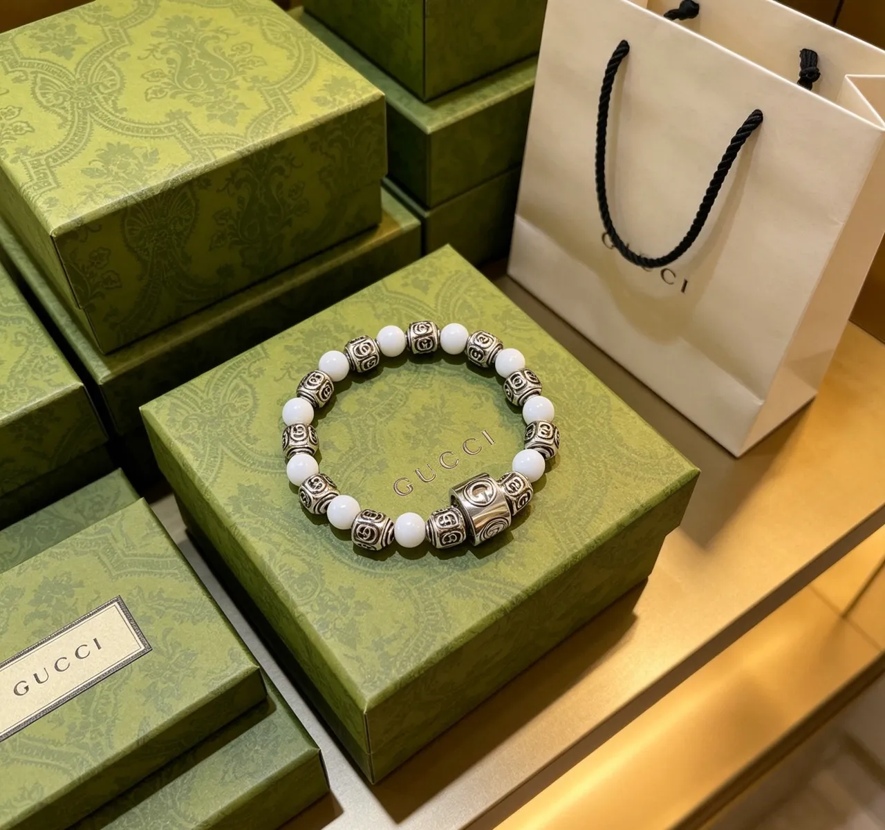 Gucci GG Marmont White Silver Beaded Interlocking G Motif Bracelet