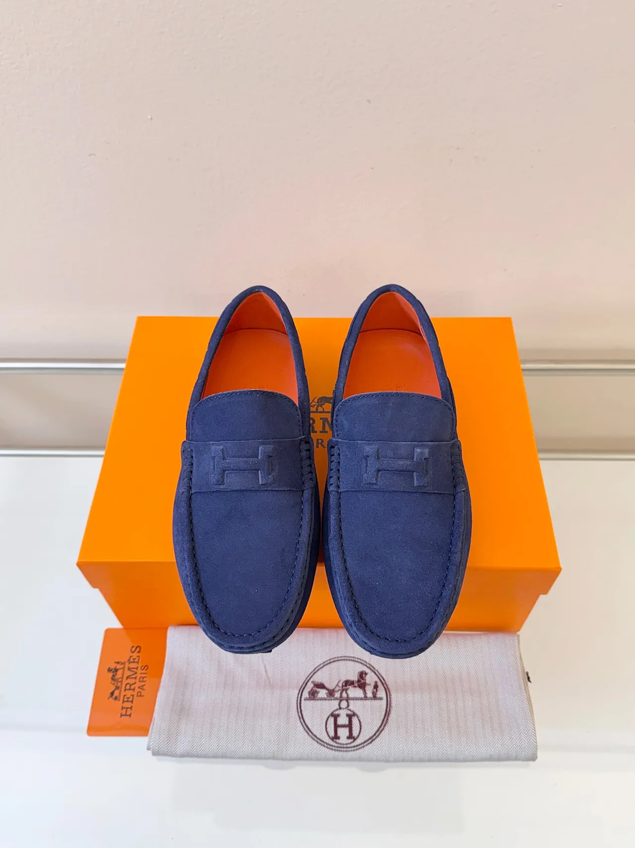 Hermès H-Strap Loafer Navy Orange Suede Upper Detail Loafer