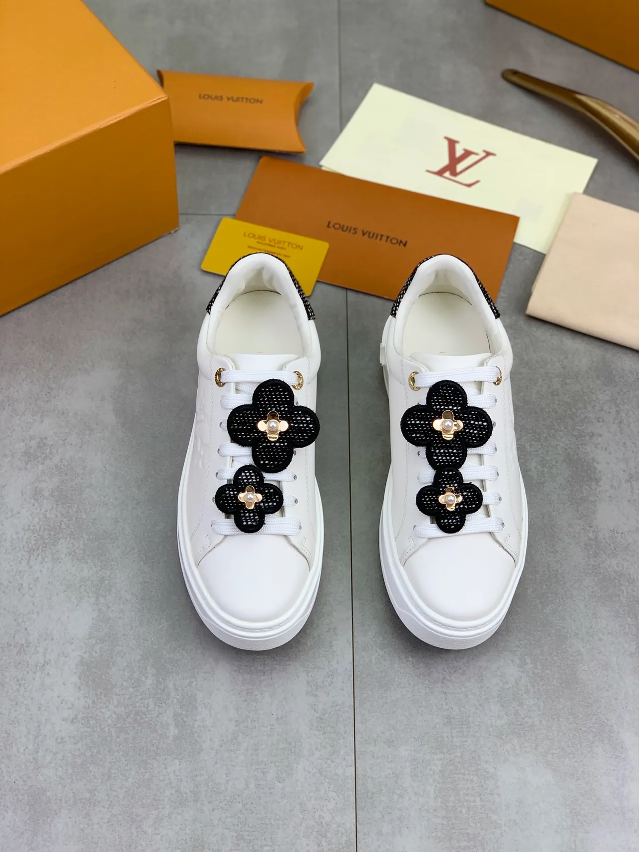 Louis Vuitton White Black Embossed Monogram Floral Lace Charms Lifestyle Sneakers