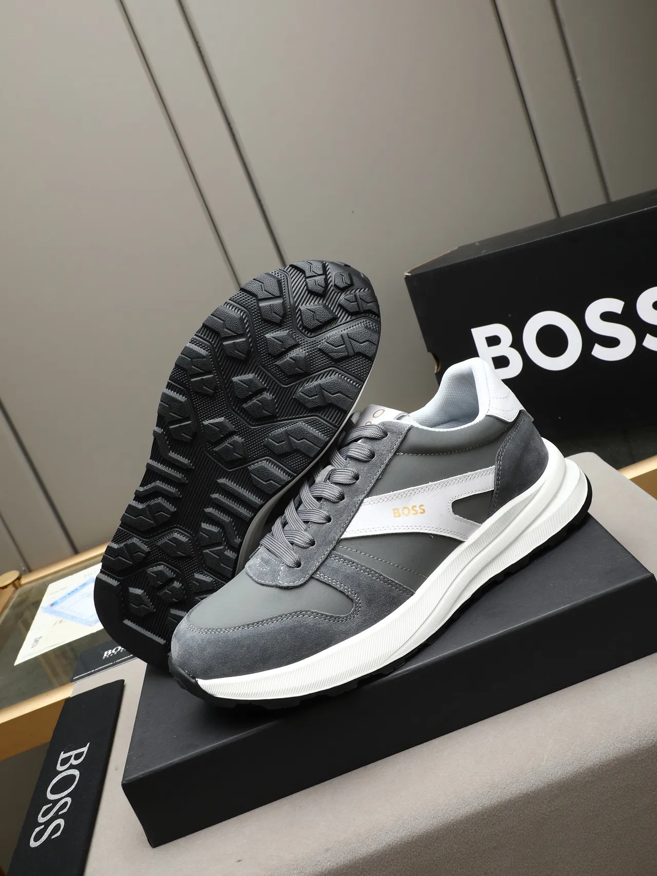 Hugo Boss Gray White Suede-and-Synthetic Upper Contrast Side Stripe Sneakers