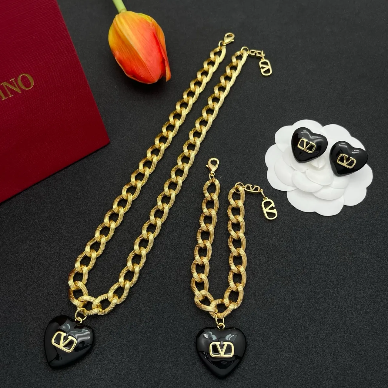 Valentino VLogo Heart Black and Gold Chain Necklace