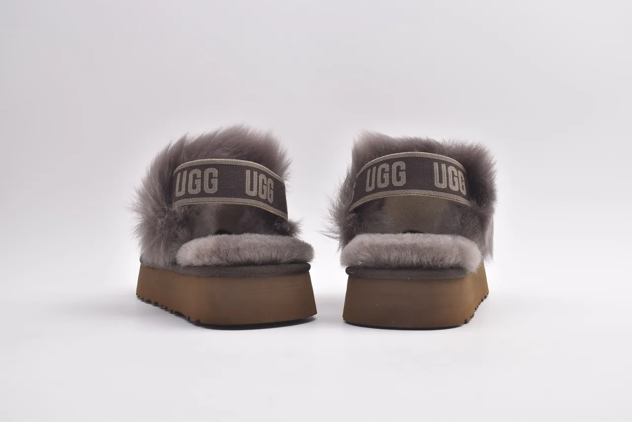UGG Gray Brown Platform Sole Fur-Trimmed Slippers