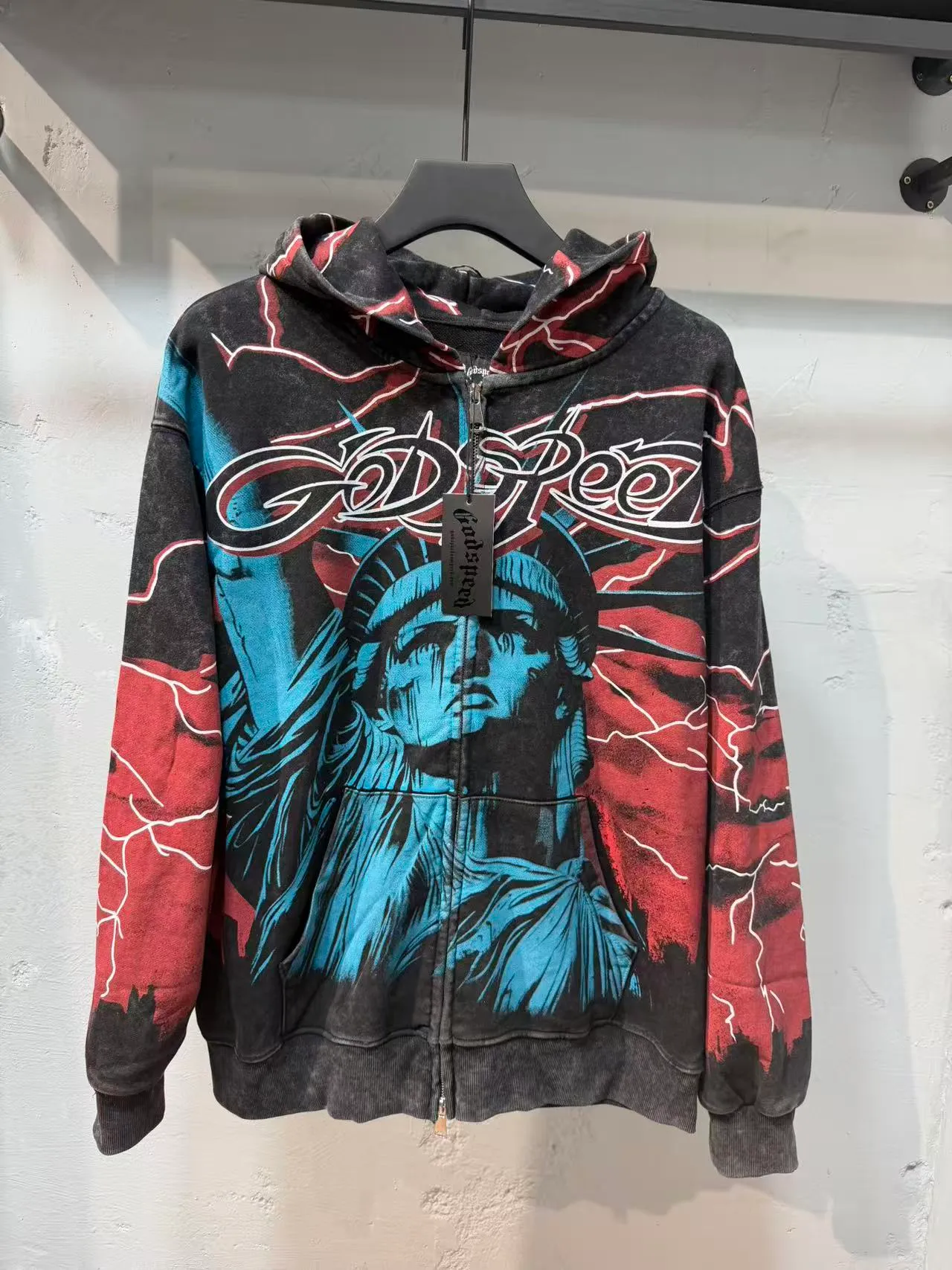 Godspeed Black Red Graphic-Print Acid-Wash Tracksuit